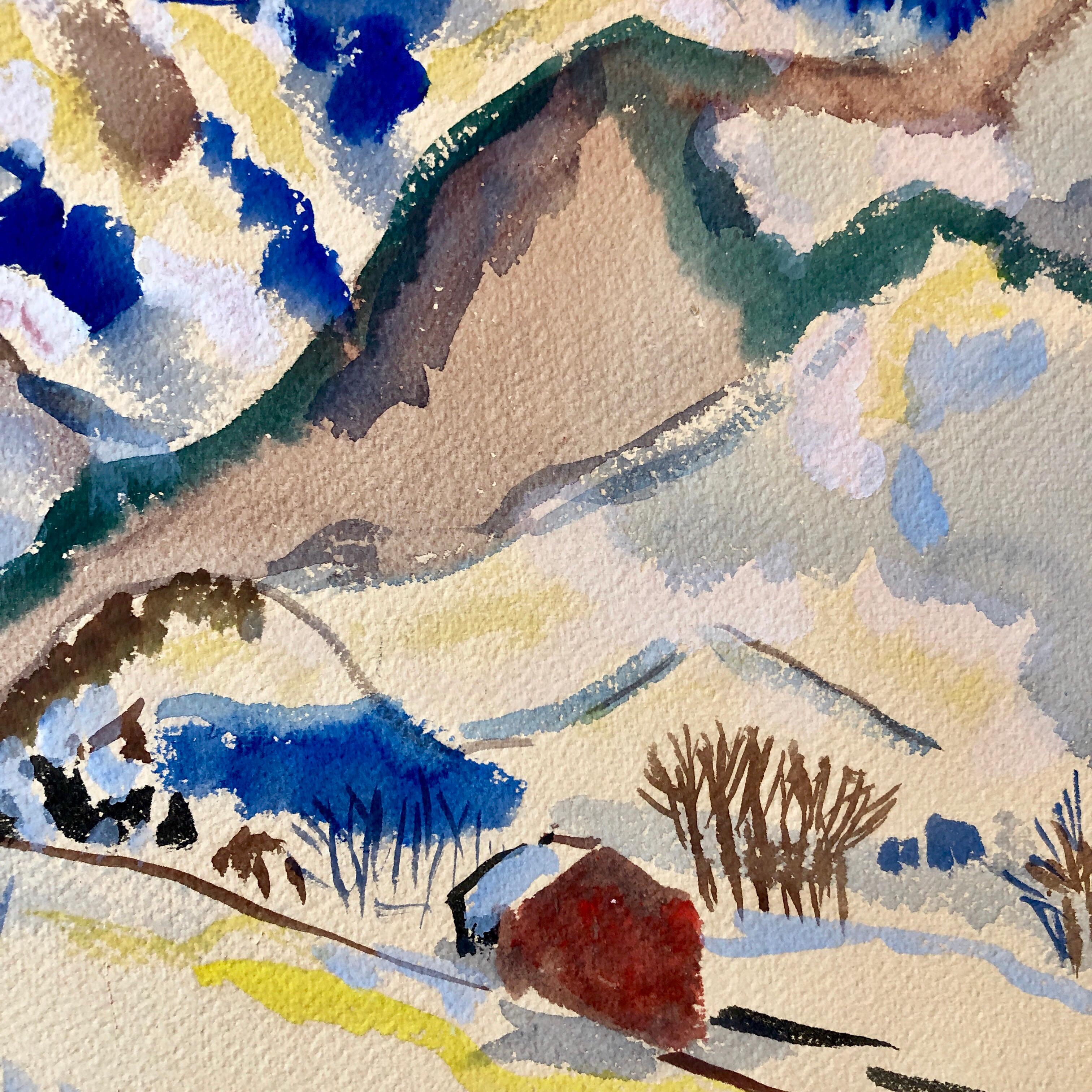 Aquarell-Landschaftsgemälde mit Schneefällen:: Schweizer Bergsteigerdorf im Vintage-Stil:: 1944 
Peter Lipman-Wulf war ein 1905 in Berlin:: Deutschland:: geborener Bildhauer und Grafiker. Sein Vater:: ein bekannter Anwalt:: und seine Mutter:: eine