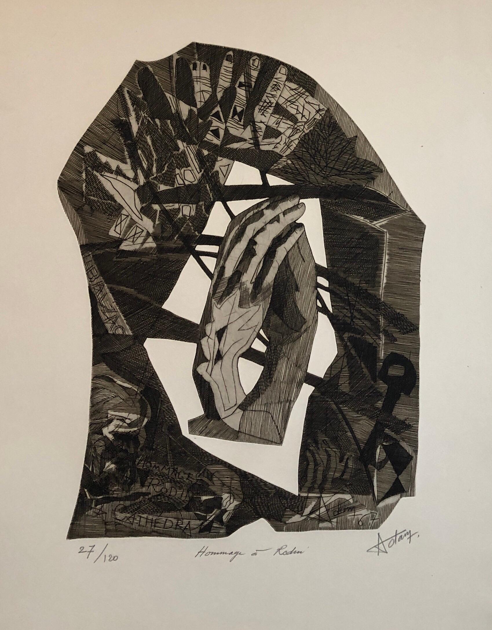 Surrealist Carborundum Etching, Homage a Rodin - Beige Abstract Print by Henri Georges Adams