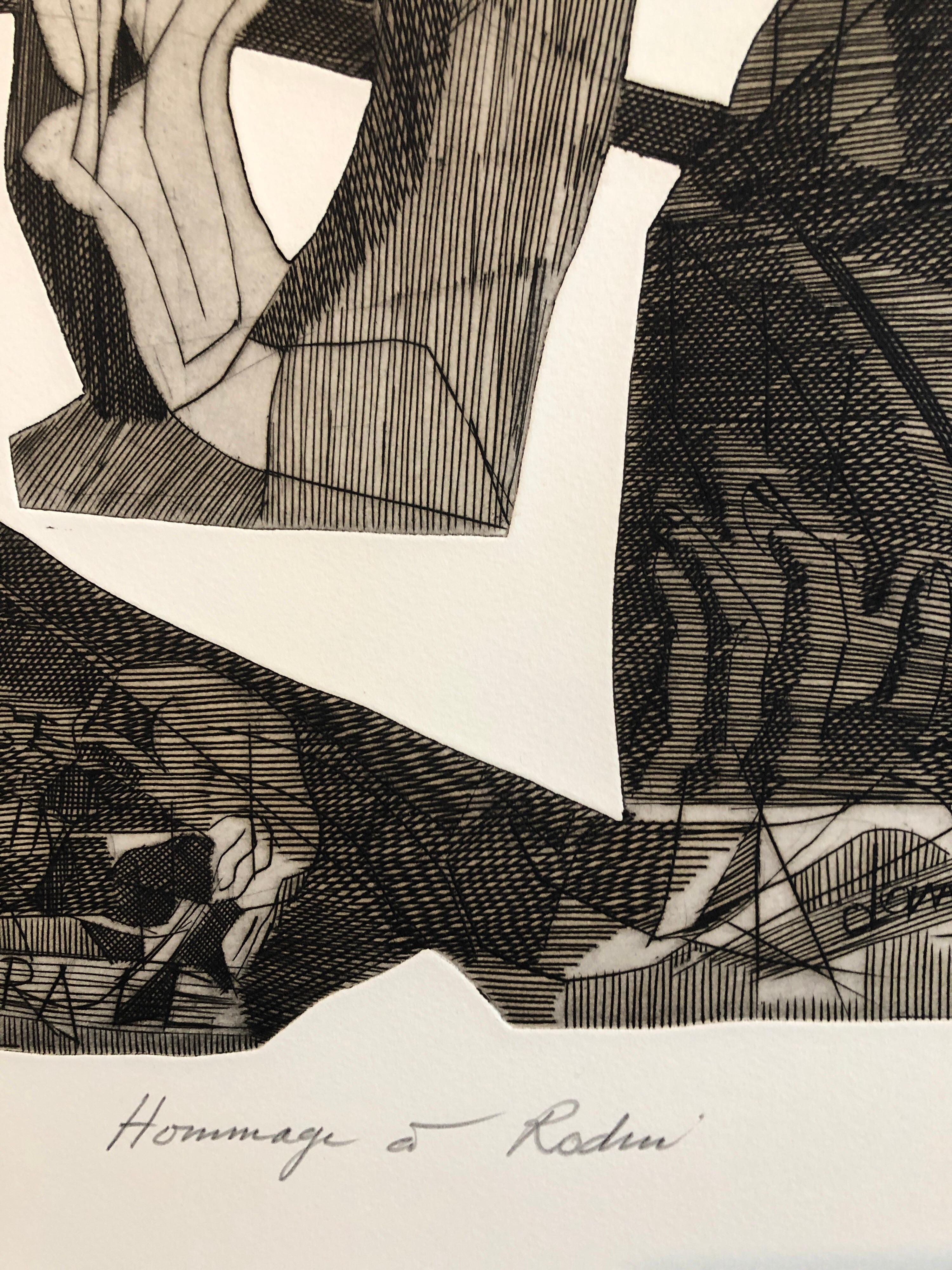 Surrealist Carborundum Etching, Homage a Rodin - Beige Abstract Print by Henri Georges Adams