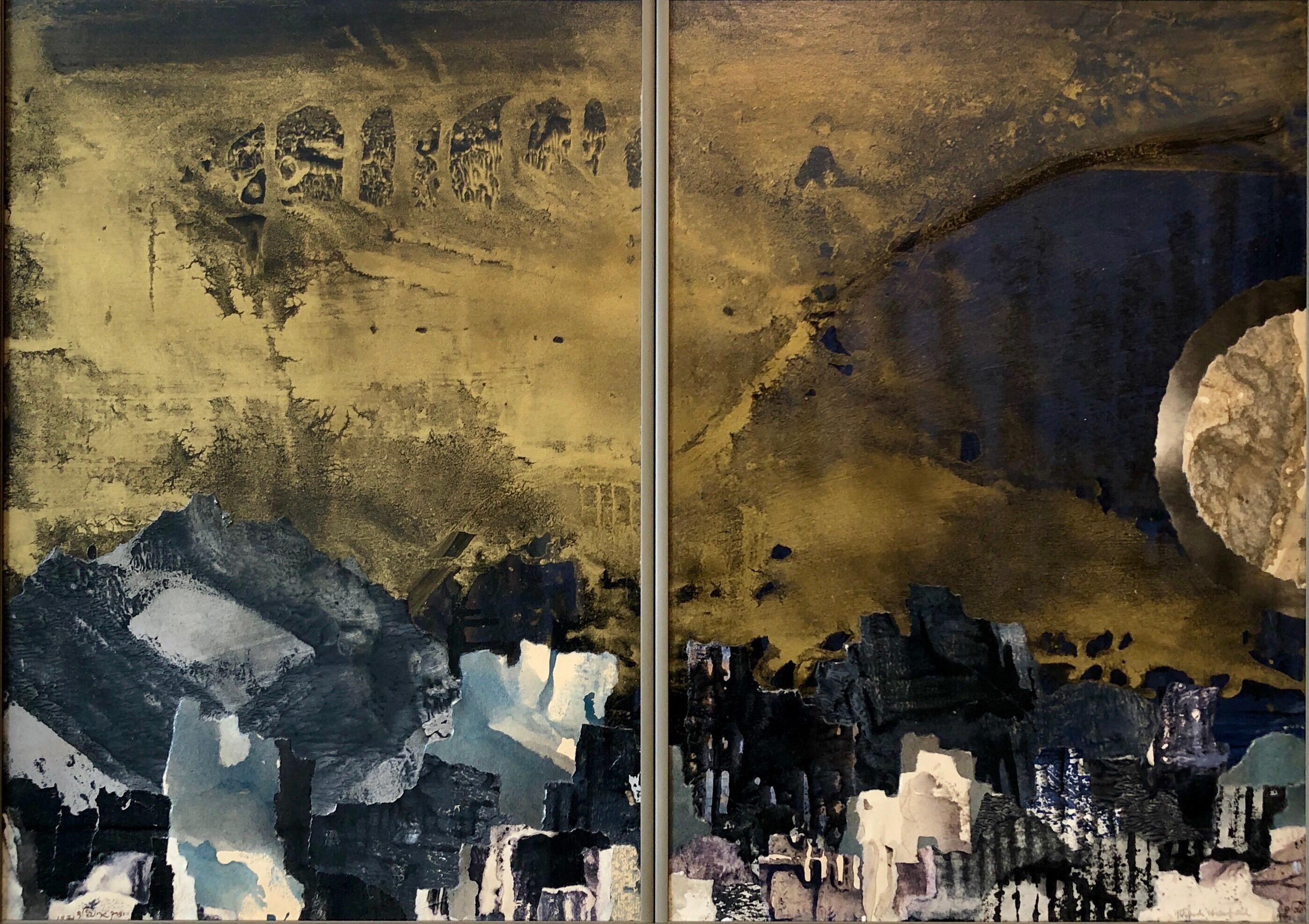 Yitzhak Greenfield Landscape Painting - Kibbutz Artist, 1971 Abstract Jerusalem Oil Painting Judaica Diptych Collage