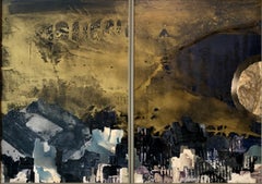 Kibbutz Artist, 1971 Abstract Jerusalem Oil Painting Judaica Diptych Collage