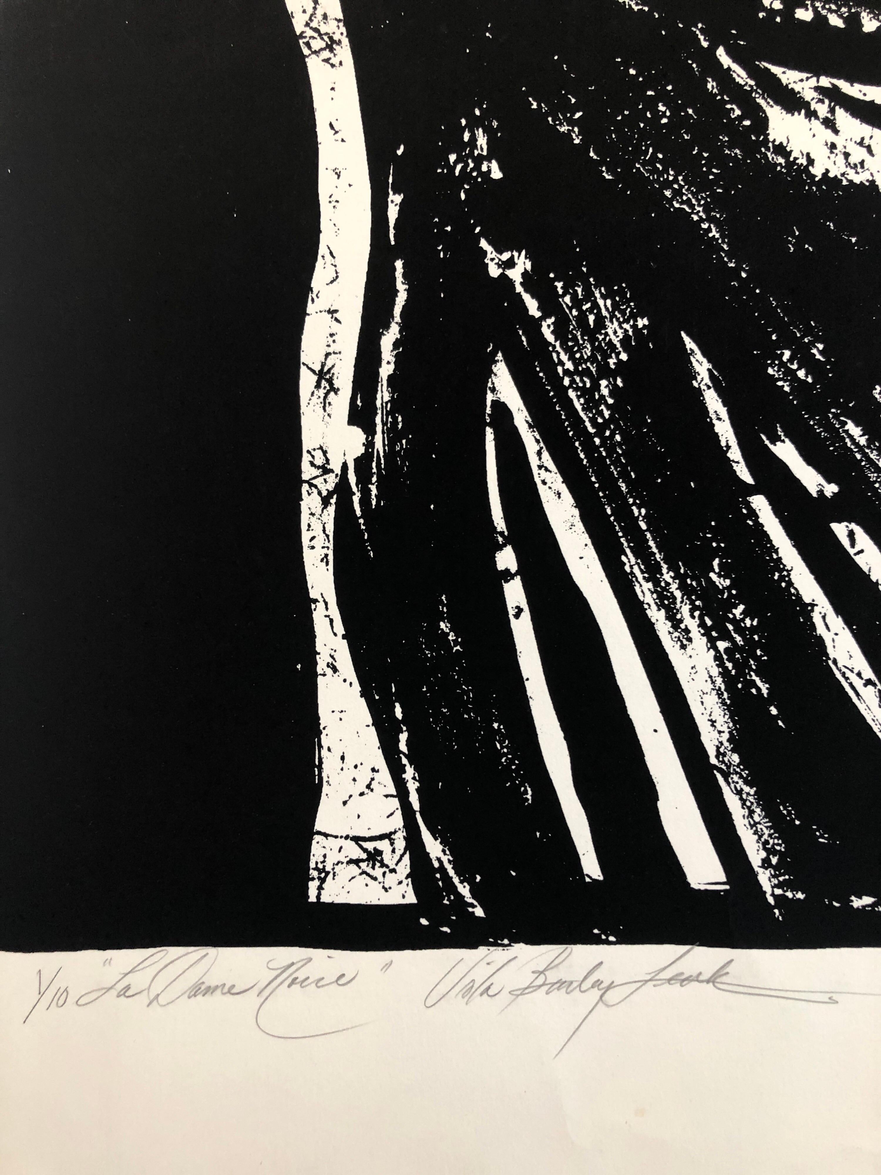 La Dame Noire
From the small edition of 10. from 1982. I am not sure if this is a woodcut or woodblock print or a silkscreen screenprint or some combination. 

Viola Burley Leak, American (1944 - )
Viola Leak was born in Nashville, Tennessee, she