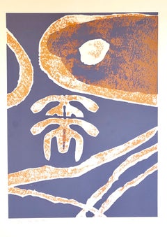 Vintage Motif, Orange Blue, African American Artist Viola Leak Woodcut Silkscreen Print