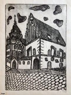 Alt Neu Shul Prague Jewish Memorial Etching Destroyed Synagogue Folk Art Judaica