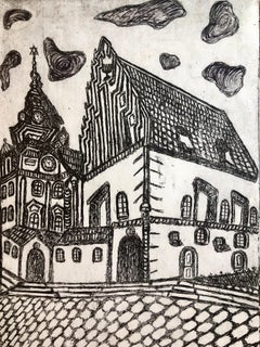 Alt Neu Shul Prague Jewish Memorial Etching Destroyed Synagogue Folk Art Judaica