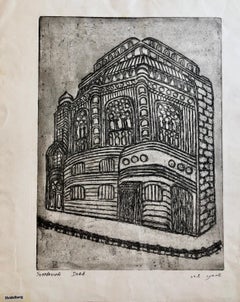 Vintage Heidelberg Germany Jewish Memorial Etching Destroyed Synagogue Folk Art Judaica