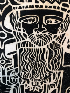 Ancient Fisherman, Mid Century Modernist Woodblock Print Signed Modern Woodcut