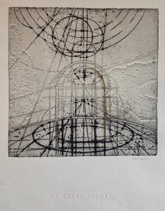 Italian Futurist Etching La Citta Ideale Architectural Embossed Art Print w Gold