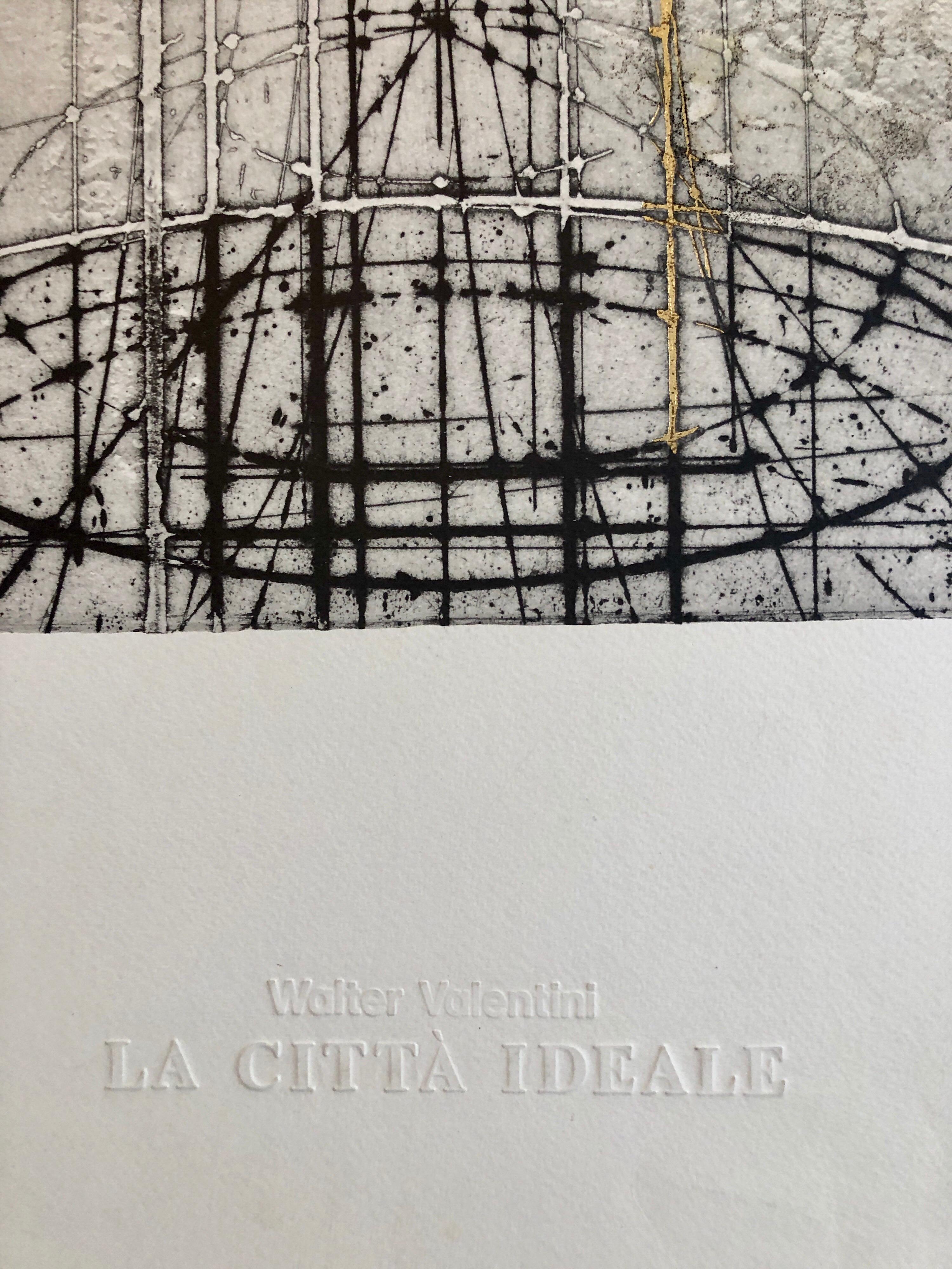 Italian Futurist Etching La Citta Ideale Architectural Embossed Art Print w Gold - Gray Landscape Print by Walter Valentini