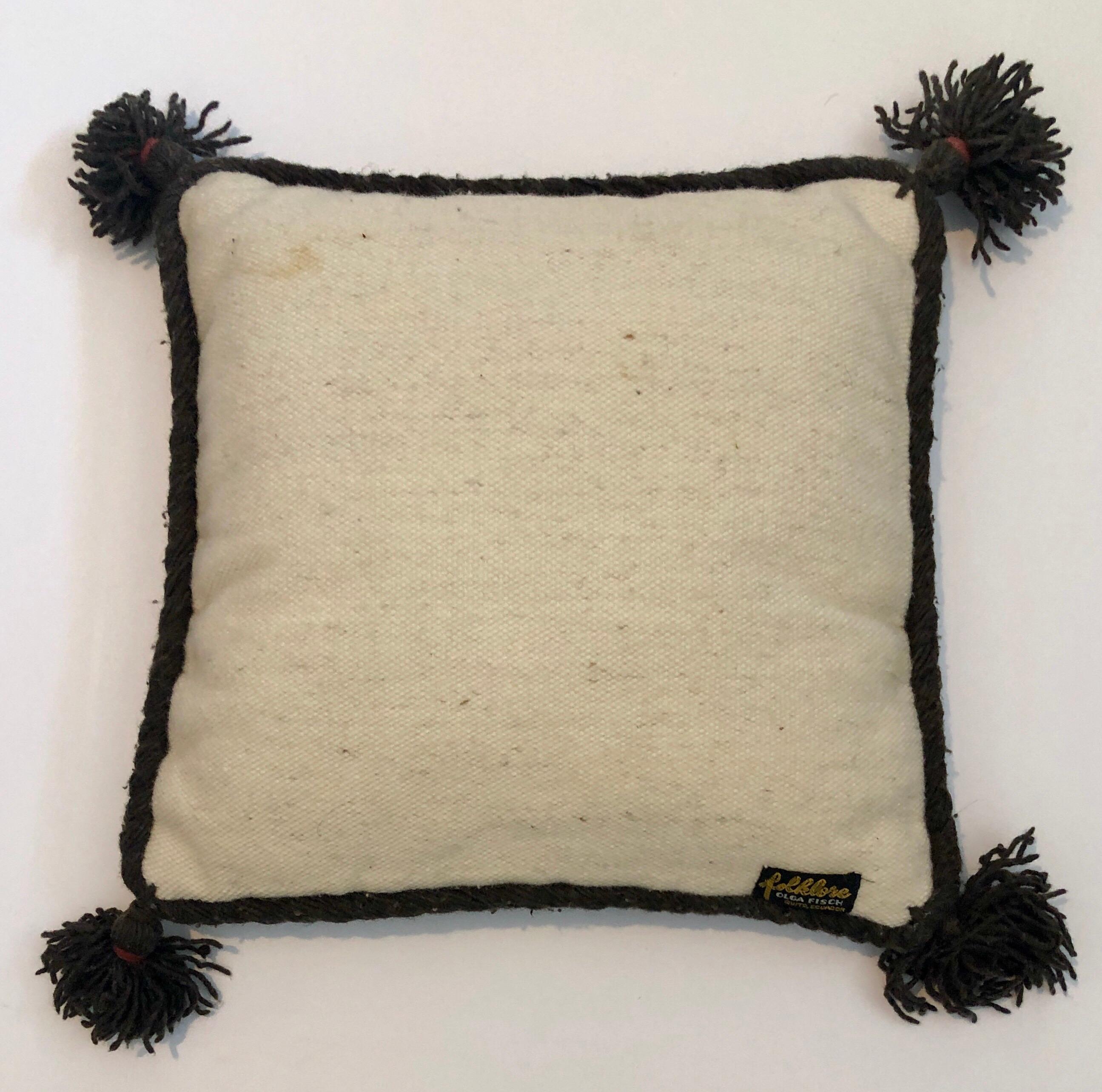 Olga Fisch was born in Hungary, studied in Germany and lived in Morocco and Ethiopia before receiving asylum as a Jewish refugee in Ecuador in 1939. For her Indian-inspired designs, Mrs. Fisch uses natural black and white sheep's wool colored with
