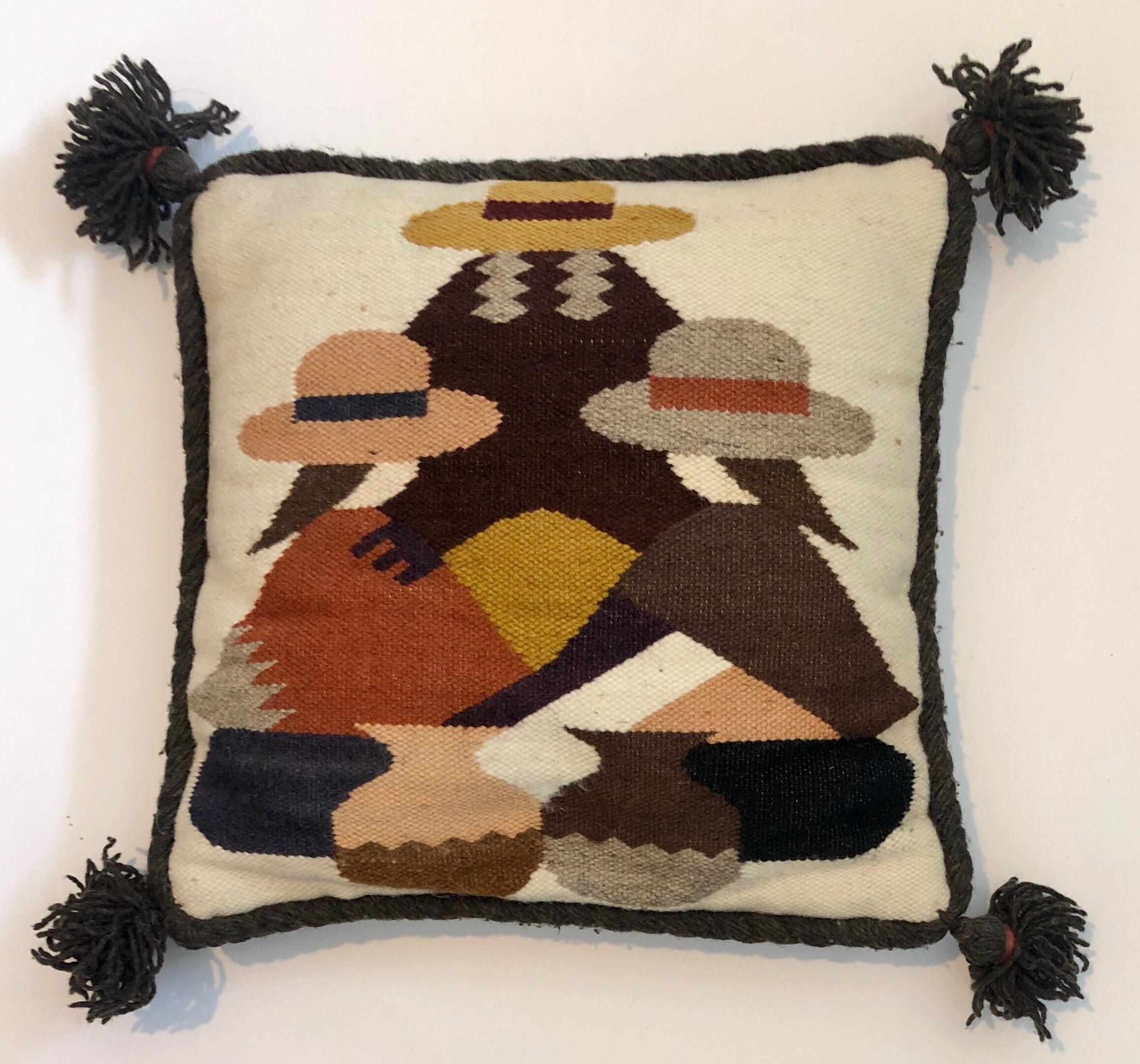 Vintage Handwoven Tapestry Wool Folk Art Rug Weaving Pillow or Wall Hanging 