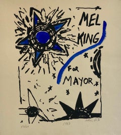 Retro Abstract Expressionist Watercolor Painting Woodblock Political Poster Mel King 