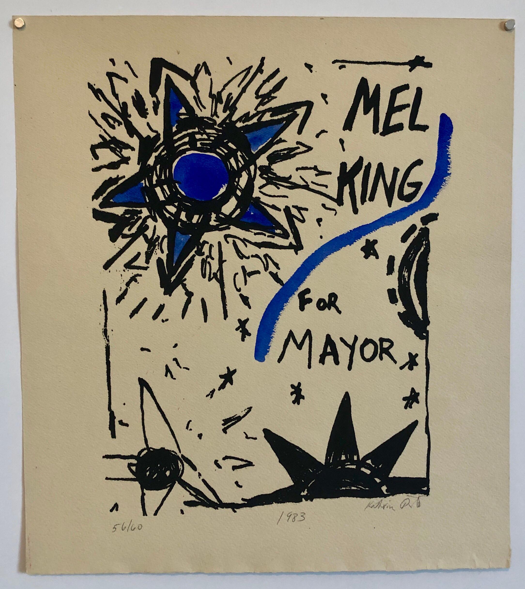 Abstract Expressionist Watercolor Painting Woodblock Political Poster Mel King  - Art by Katherine Porter