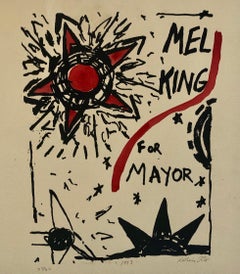 Retro Abstract Expressionist Watercolor Painting Woodblock Political Poster Mel King 