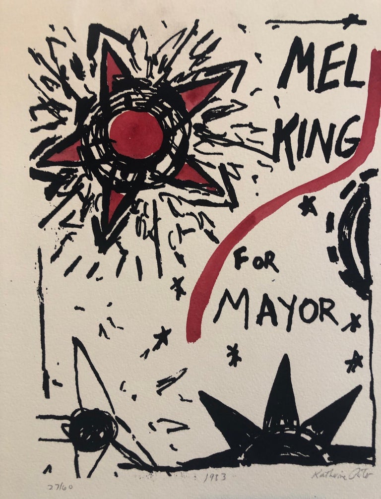 This is original watercolor over a limited edition woodcut political poster. hand signed, dated and numbered. it bears similarity to works by Alexander Calder. Employing a star and abstract design.
Katherine Porter is an American artist born in