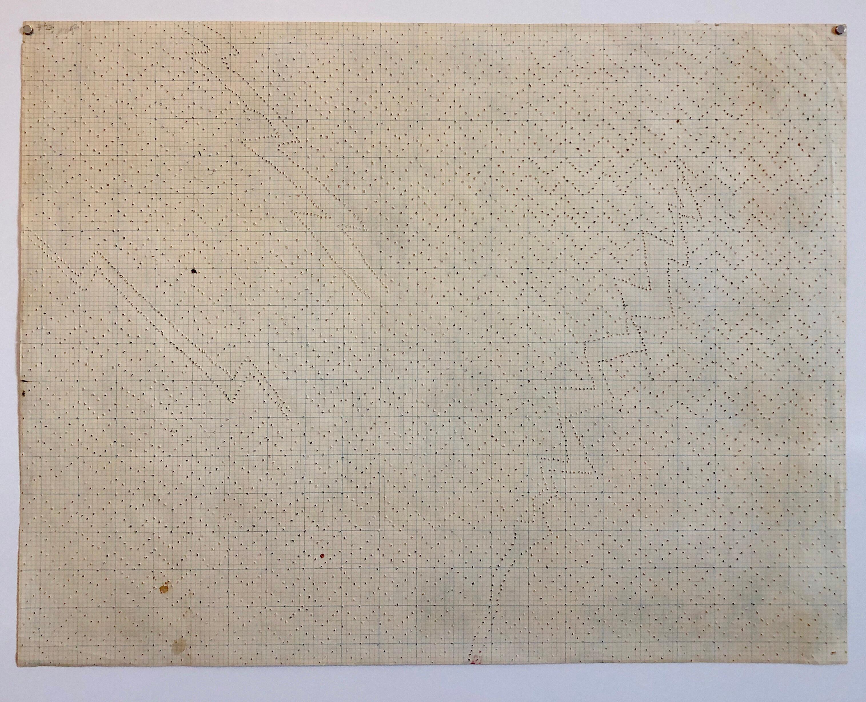 This is an original graphite pencil drawing with piercing in a pattern and either watercolor, gouache or pastel on it. It is signed in pencil and dated. there is an inventory number verso.
Katherine Porter is an American artist born in Cedar Rapids,