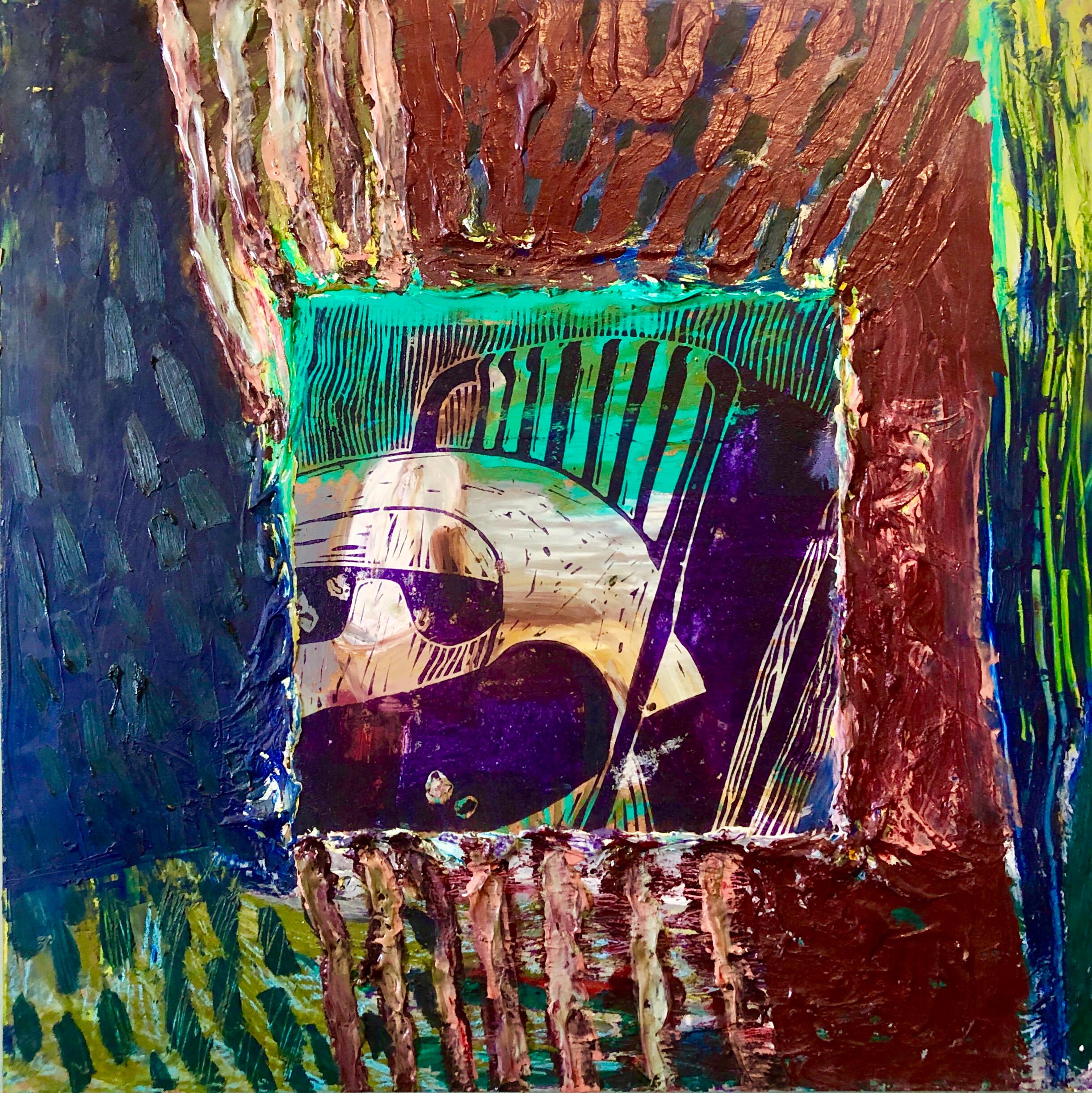 Her Grandson, Mixed Media Painting Collage Wall Construction FIgural Abstraction