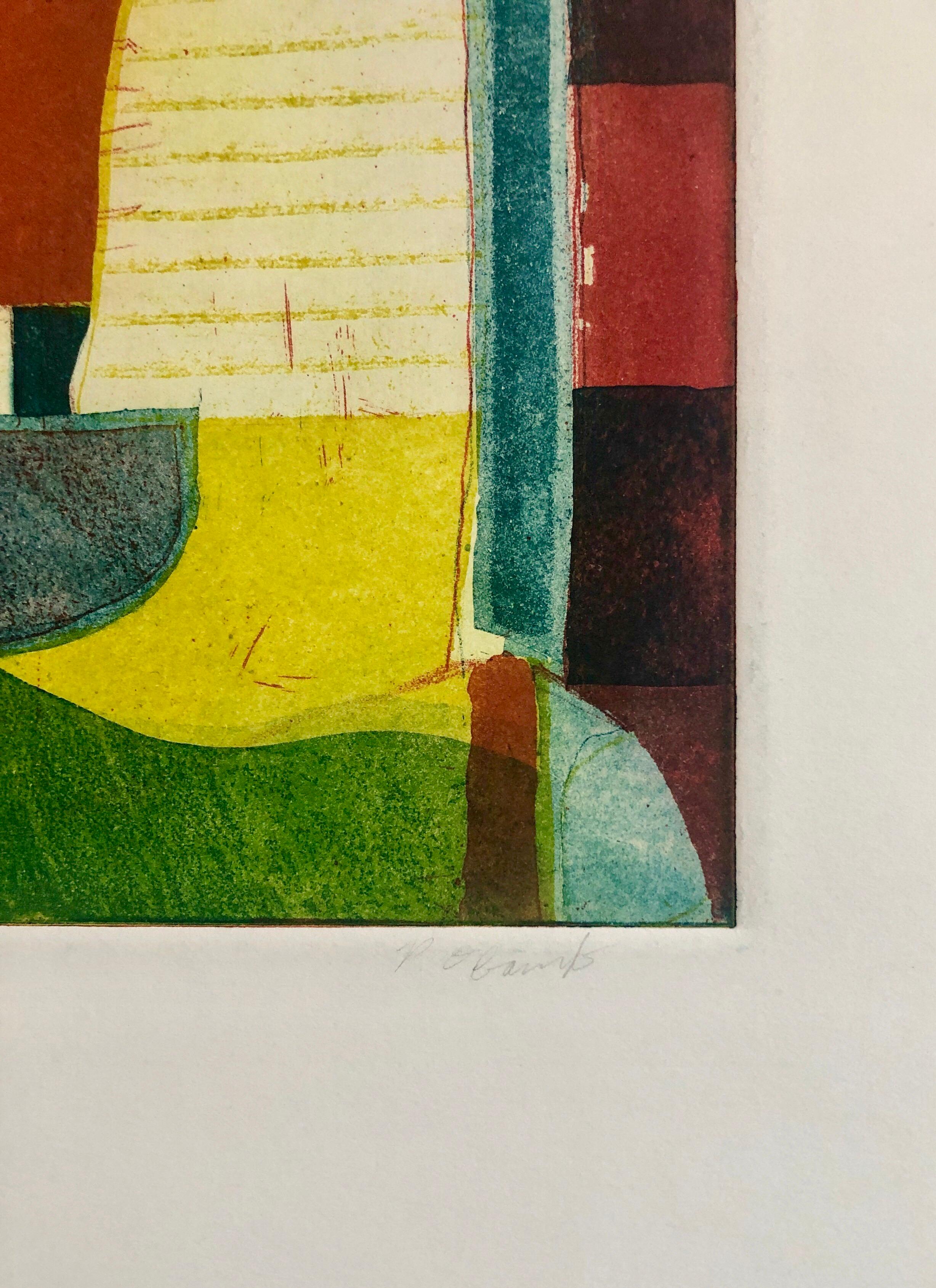 Abstraktes, abstraktes, modernistisches, farbenfrohes Monodruck-Monotypie-Gemäldedruck Pierre Obando 2