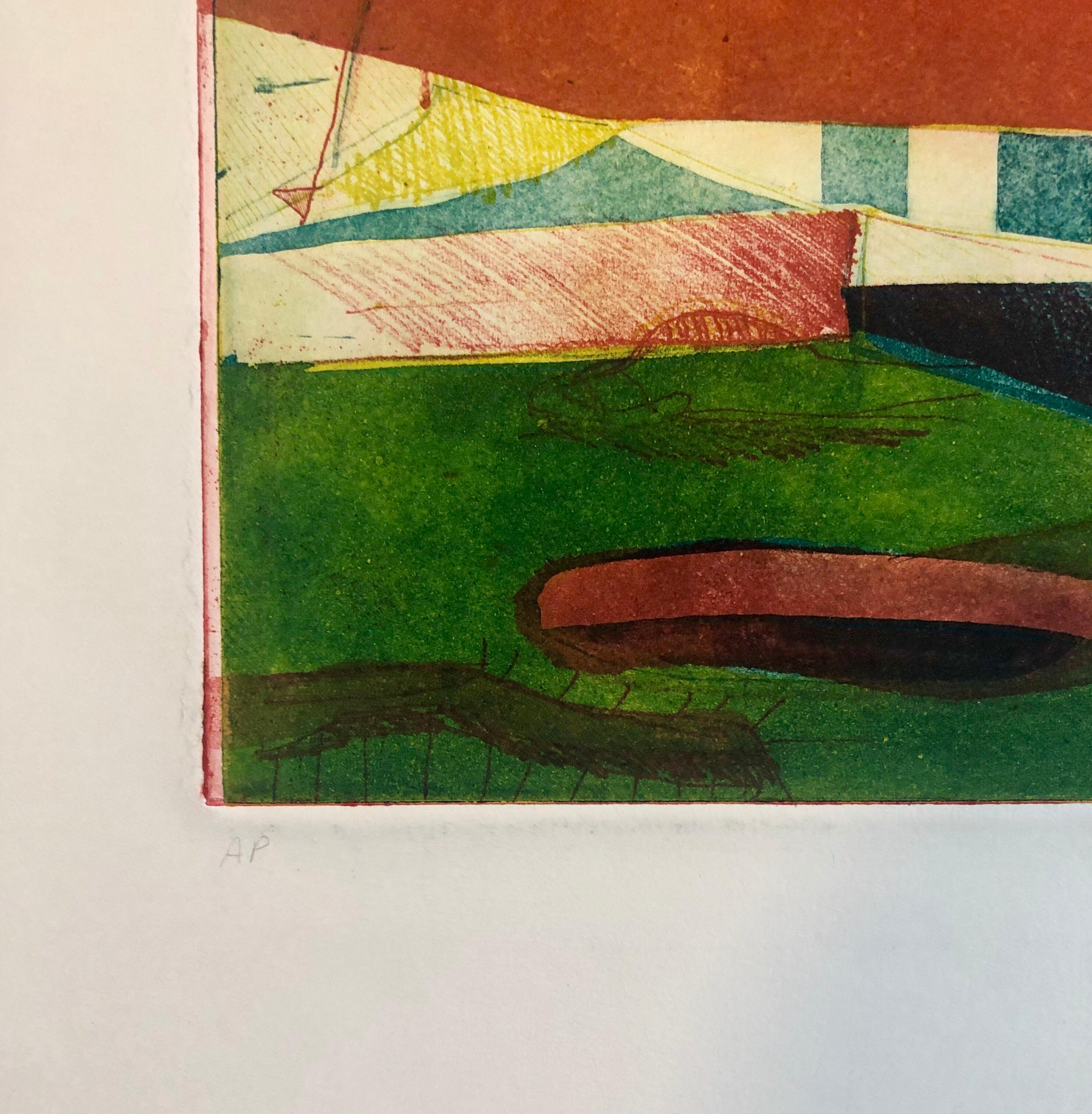 Abstraktes, abstraktes, modernistisches, farbenfrohes Monodruck-Monotypie-Gemäldedruck Pierre Obando 3