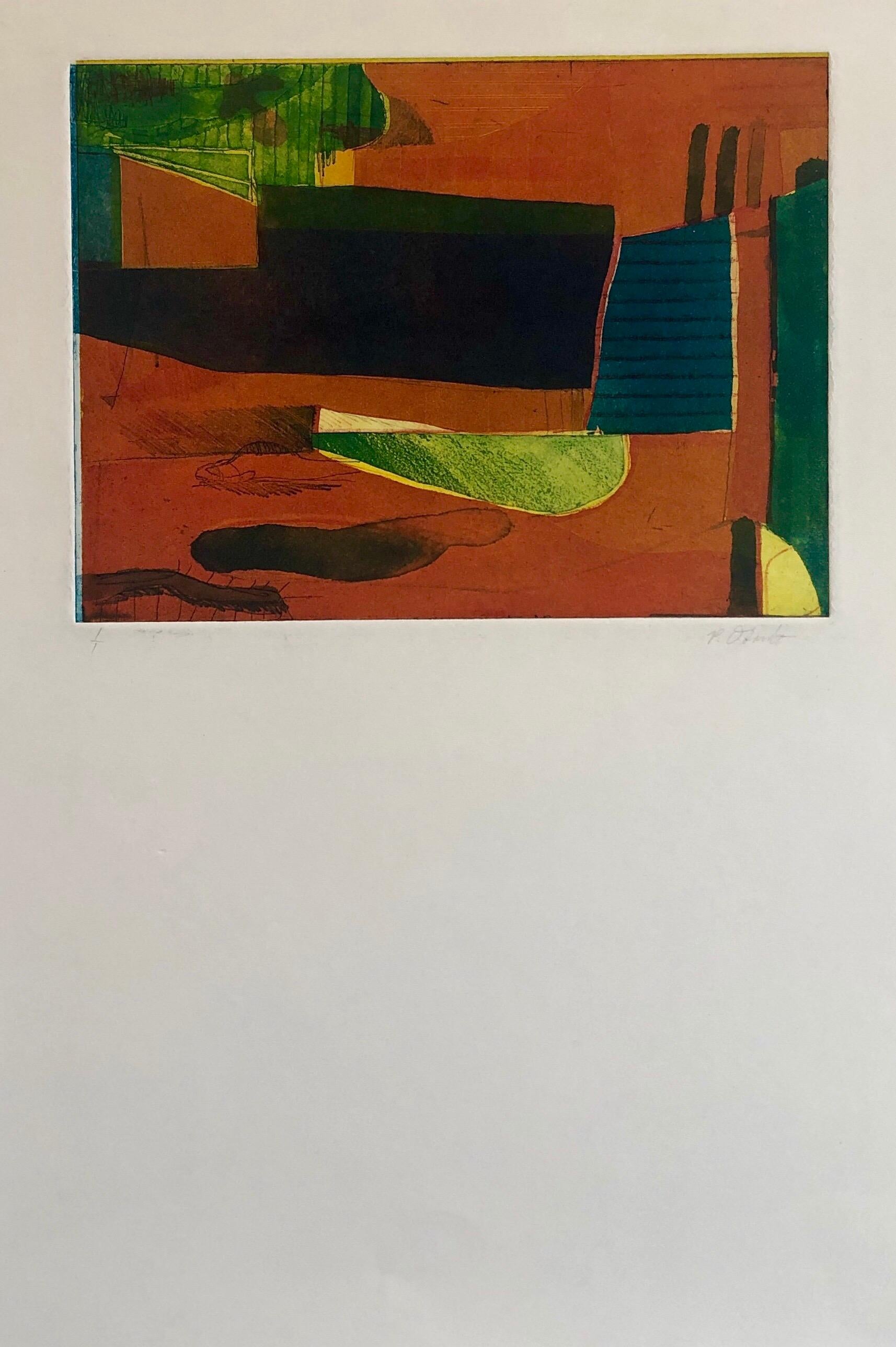 Abstraktes, abstraktes, modernistisches, farbenfrohes Monodruck-Monotypie-Gemäldedruck Pierre Obando 2
