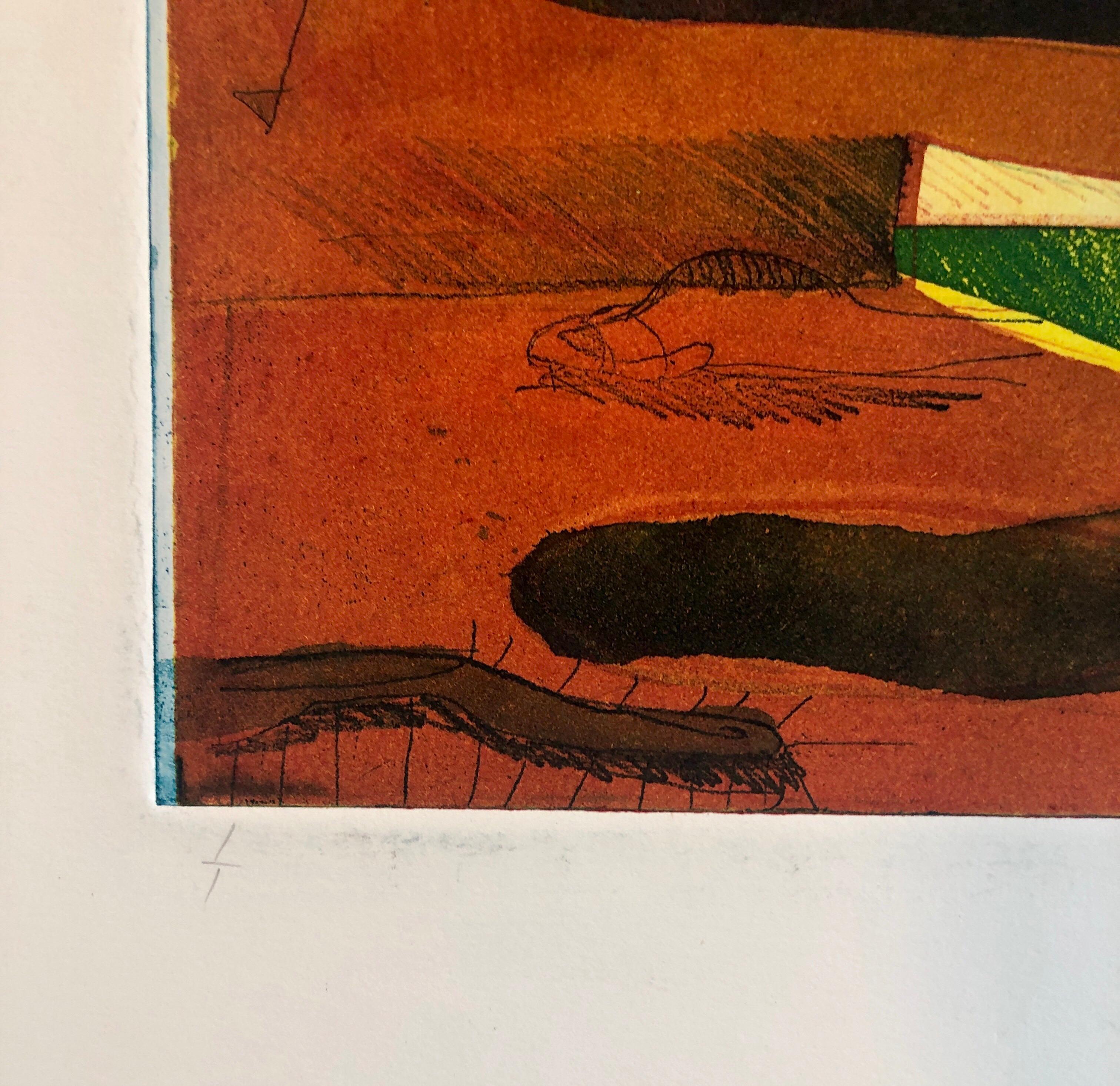 Abstraktes, abstraktes, modernistisches, farbenfrohes Monodruck-Monotypie-Gemäldedruck Pierre Obando 3