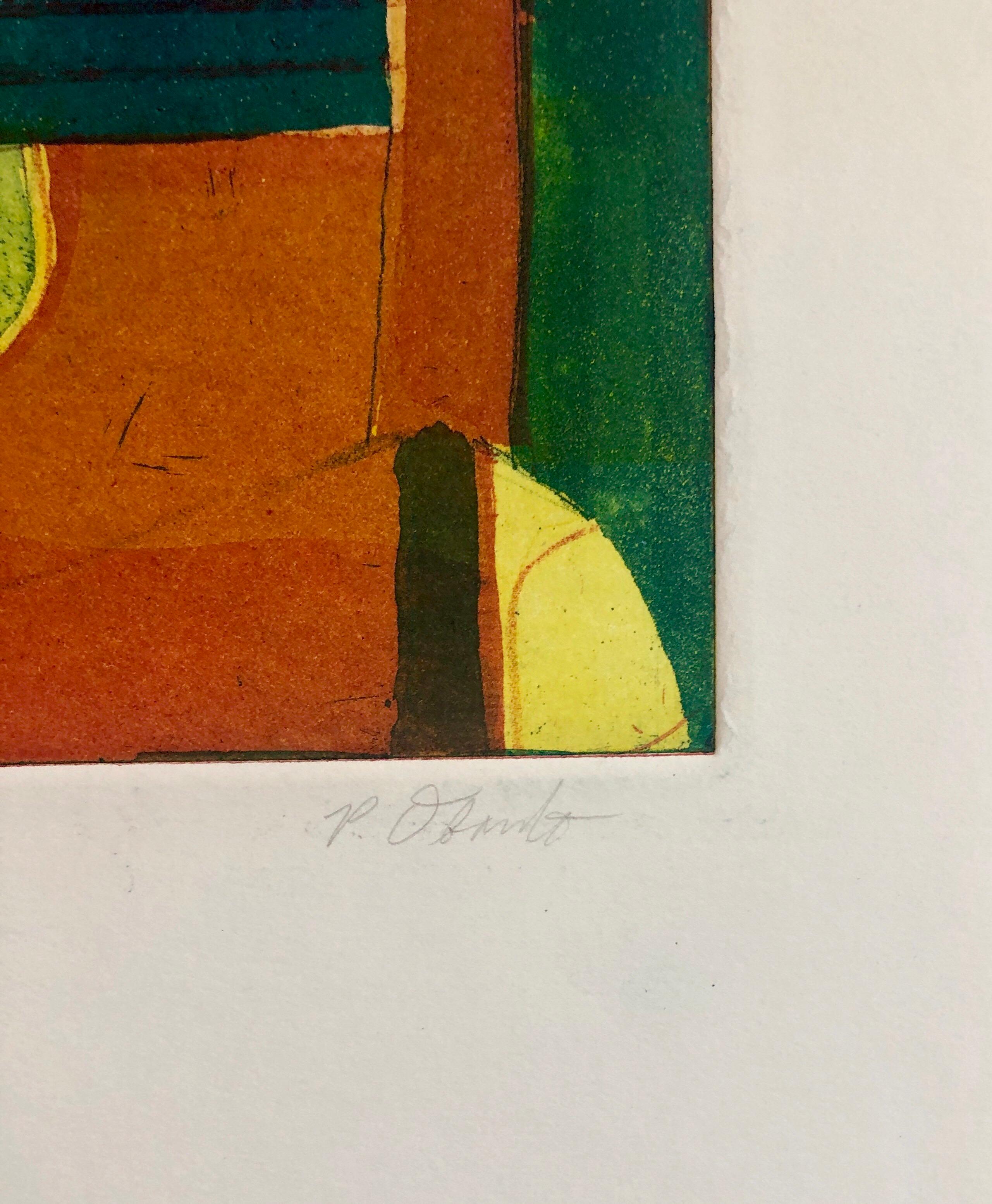 Abstraktes, abstraktes, modernistisches, farbenfrohes Monodruck-Monotypie-Gemäldedruck Pierre Obando 4