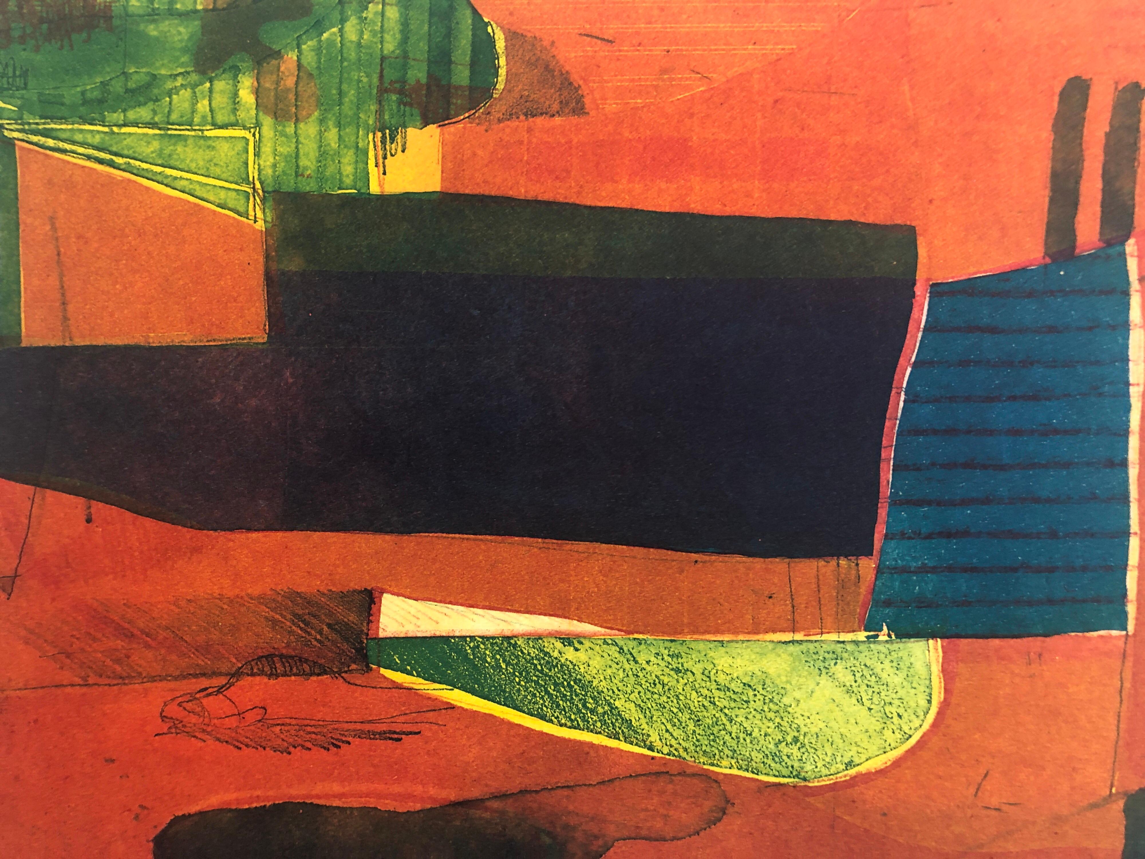 Abstraktes, abstraktes, modernistisches, farbenfrohes Monodruck-Monotypie-Gemäldedruck Pierre Obando 1