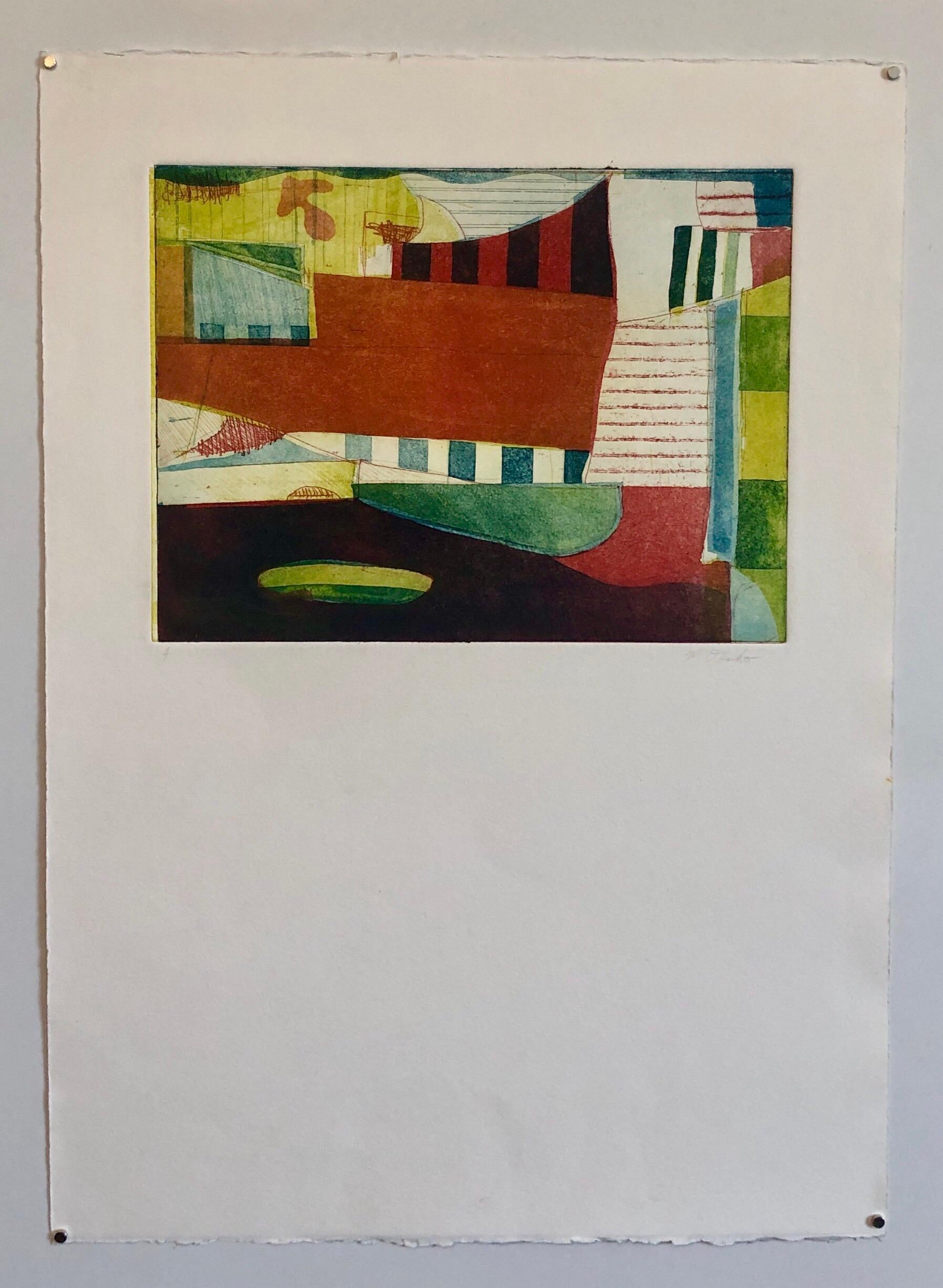 Abstraktes, abstraktes, modernistisches, farbenfrohes Monodruck-Monotypie-Gemäldedruck Pierre Obando 5