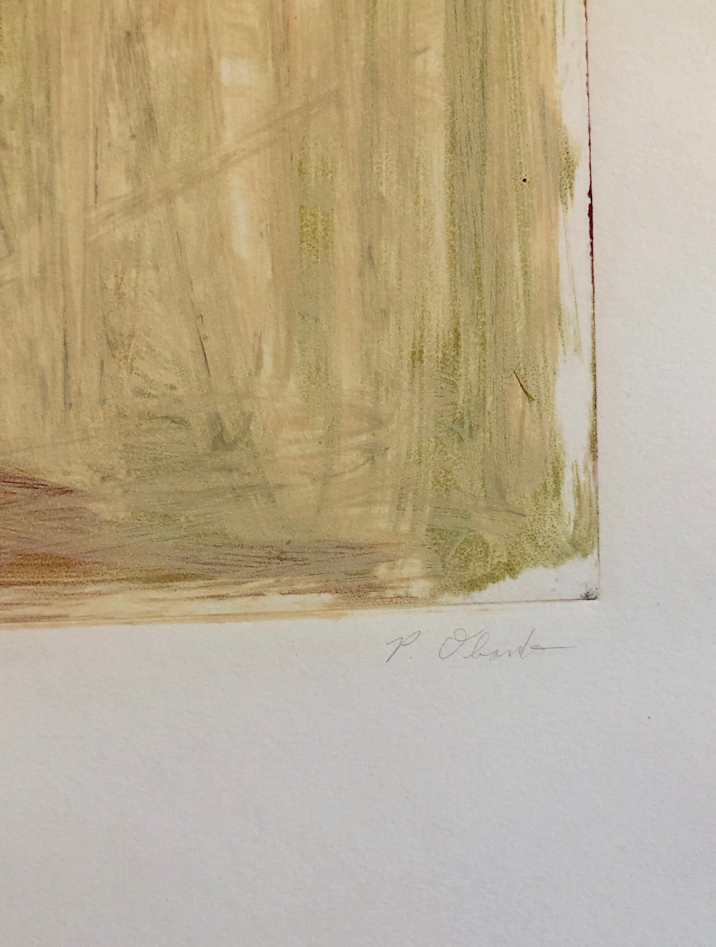 Abstrakt-expressionistischer modernistischer farbenfroher, kühner Monodruck, Monotypie-Gemäldedruck (Braun), Abstract Painting, von Pierre Obando