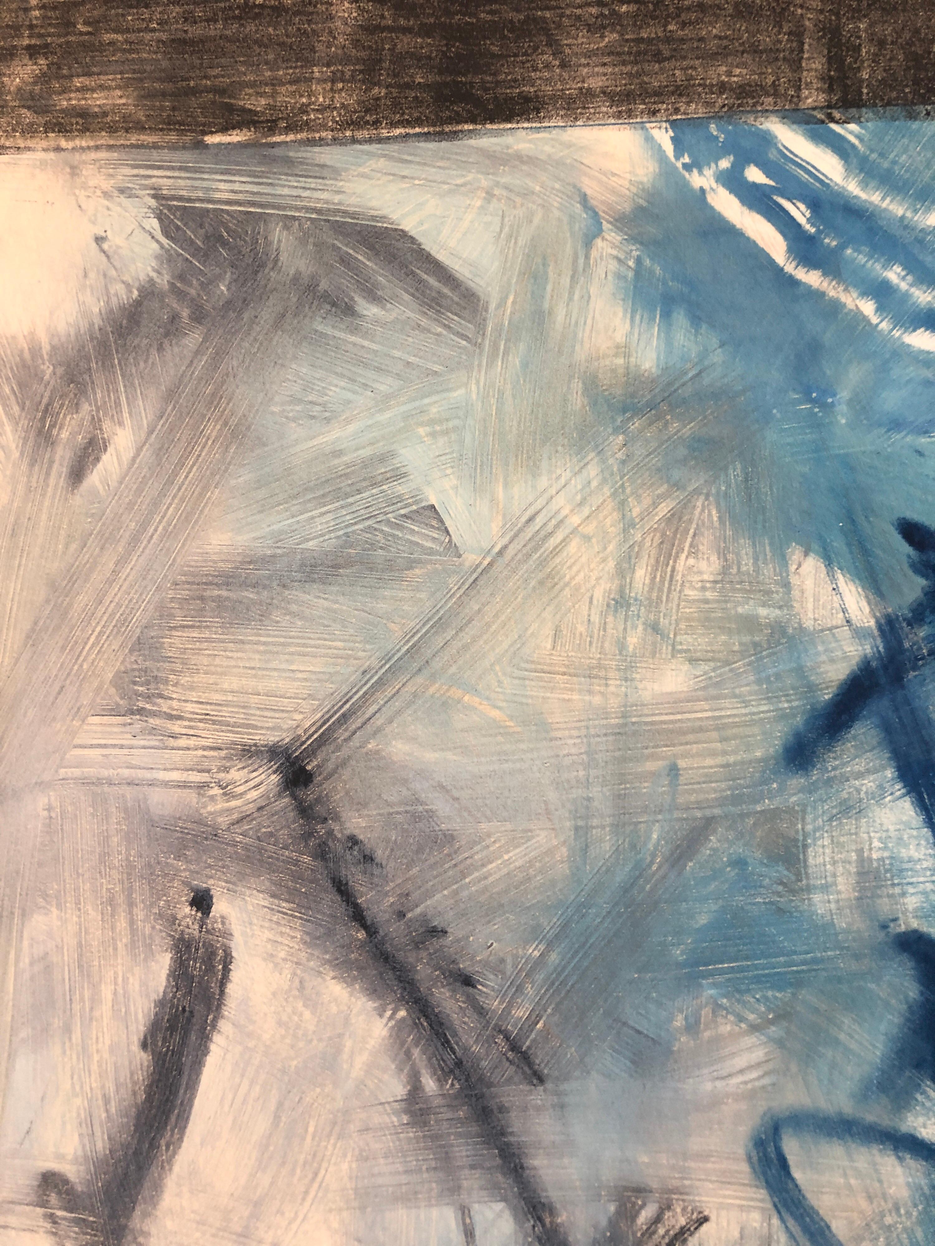 Abstrakt-expressionistischer modernistischer blau-grauer Monodruck Monotypie-Gemäldedruck (Abstrakter Expressionismus), Painting, von Pierre Obando