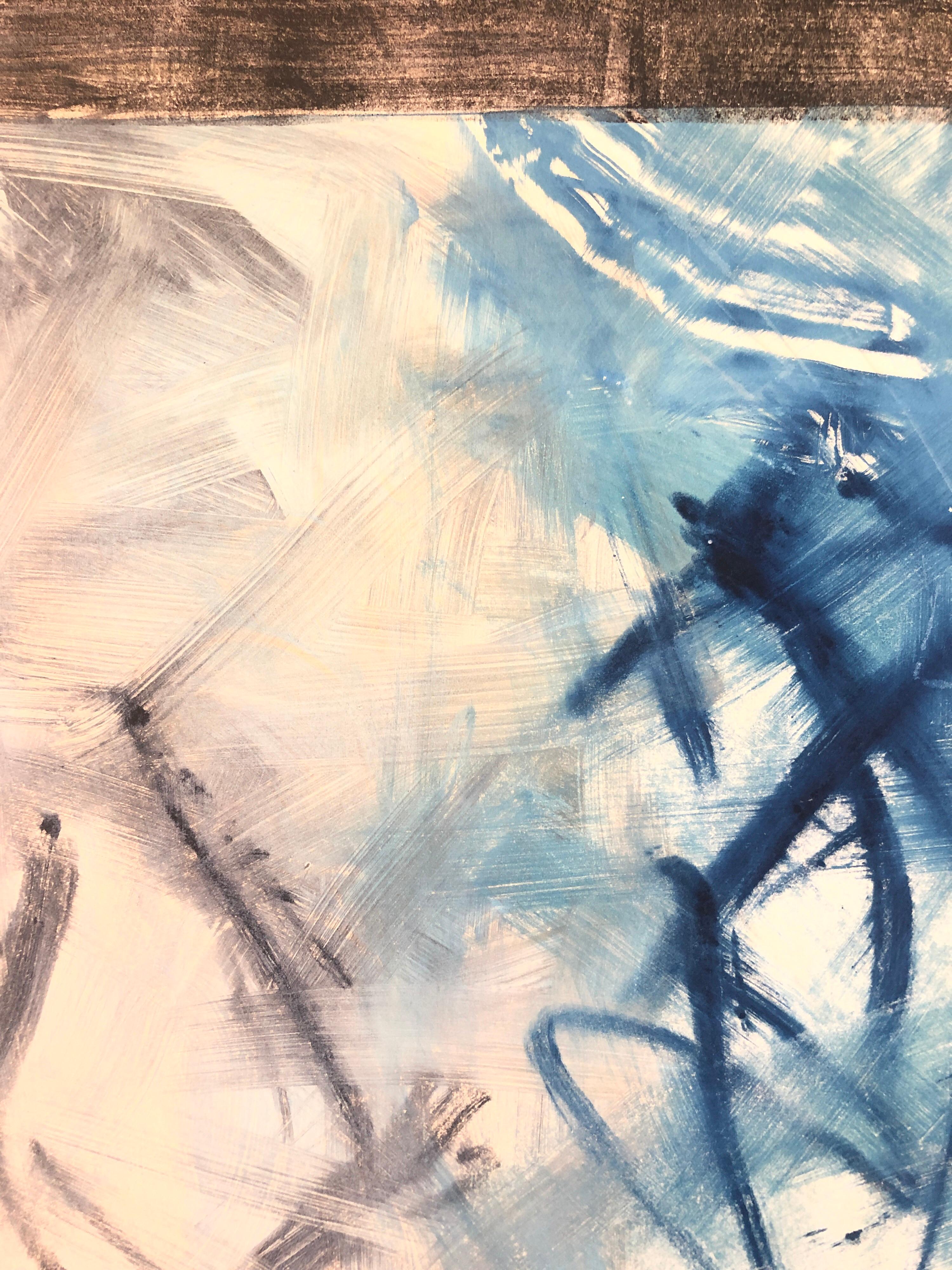 Abstrakt-expressionistischer modernistischer blau-grauer Monodruck Monotypie-Gemäldedruck (Grau), Abstract Painting, von Pierre Obando