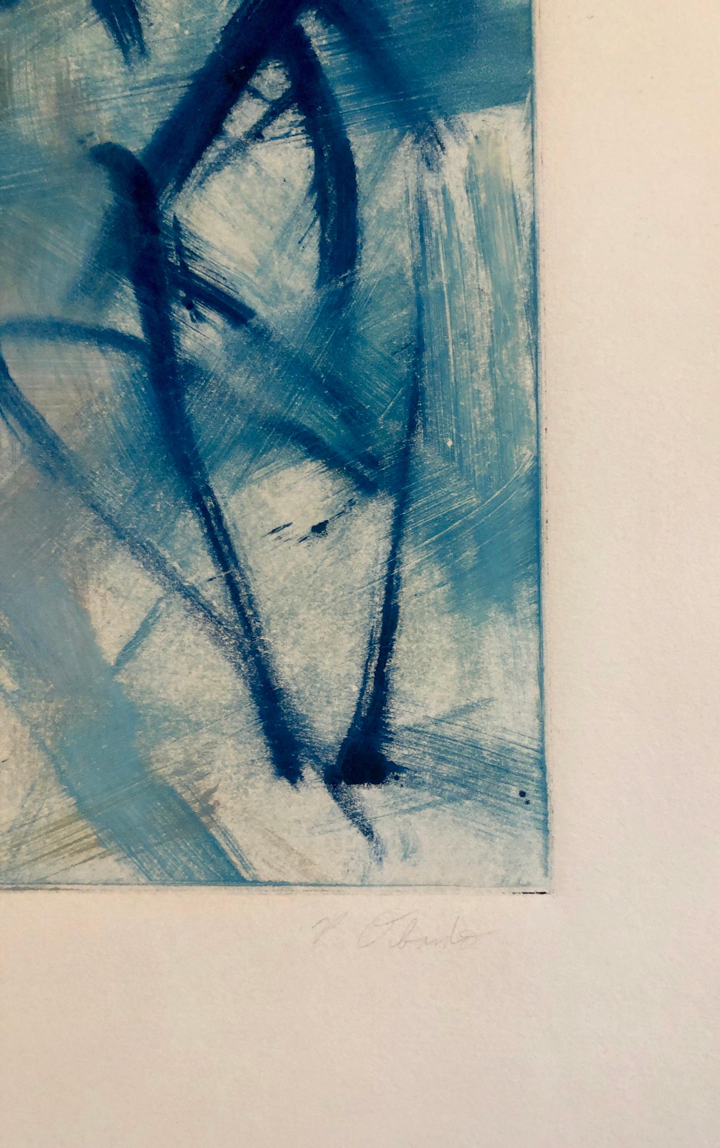 Abstrakt-expressionistischer modernistischer blau-grauer Monodruck Monotypie-Gemäldedruck 1
