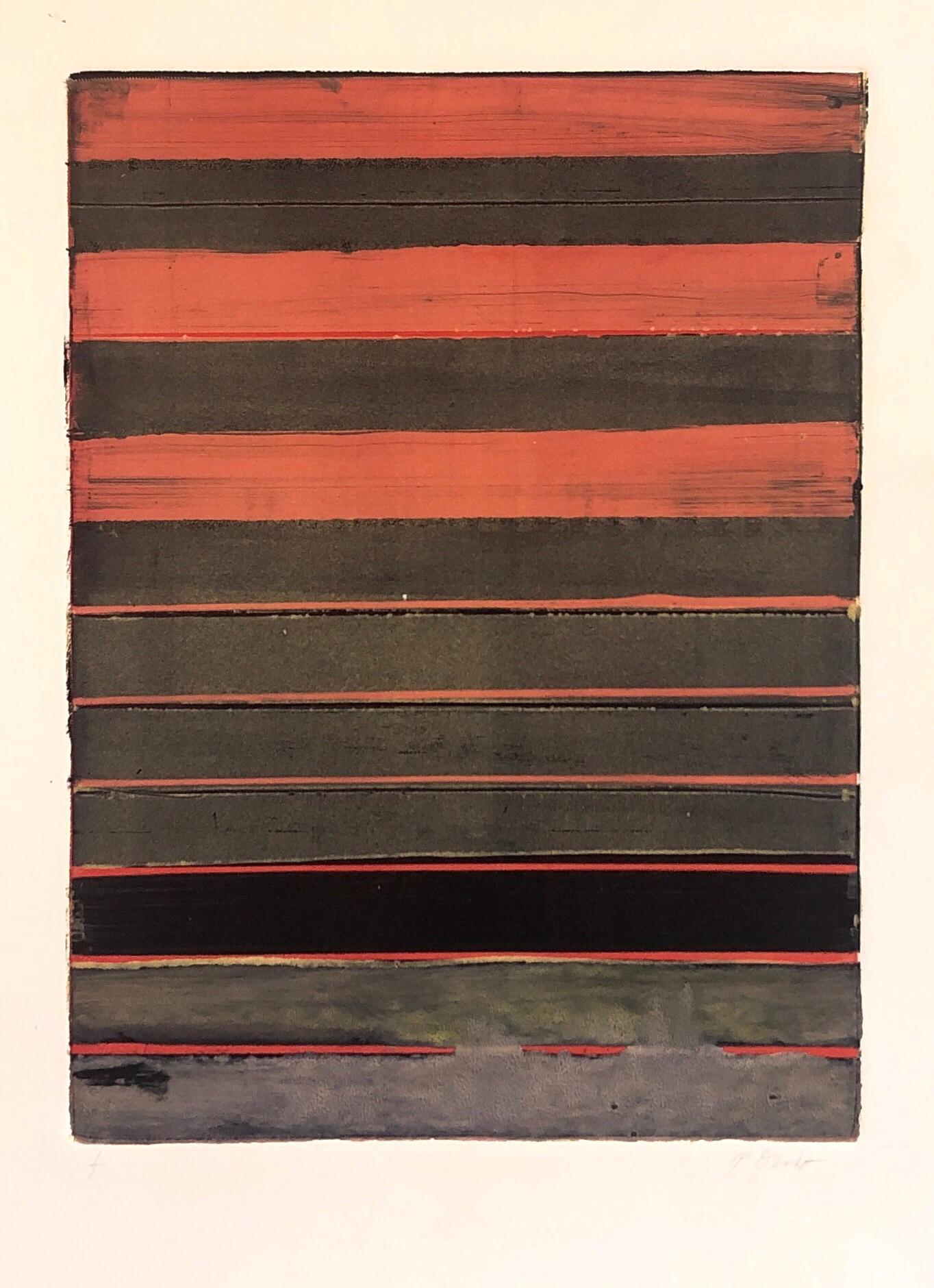 Pierre Obando Abstract Print – Abstrakt-expressionistischer modernistischer Korallengrauer Monodruck Monotypie-Gemäldedruck