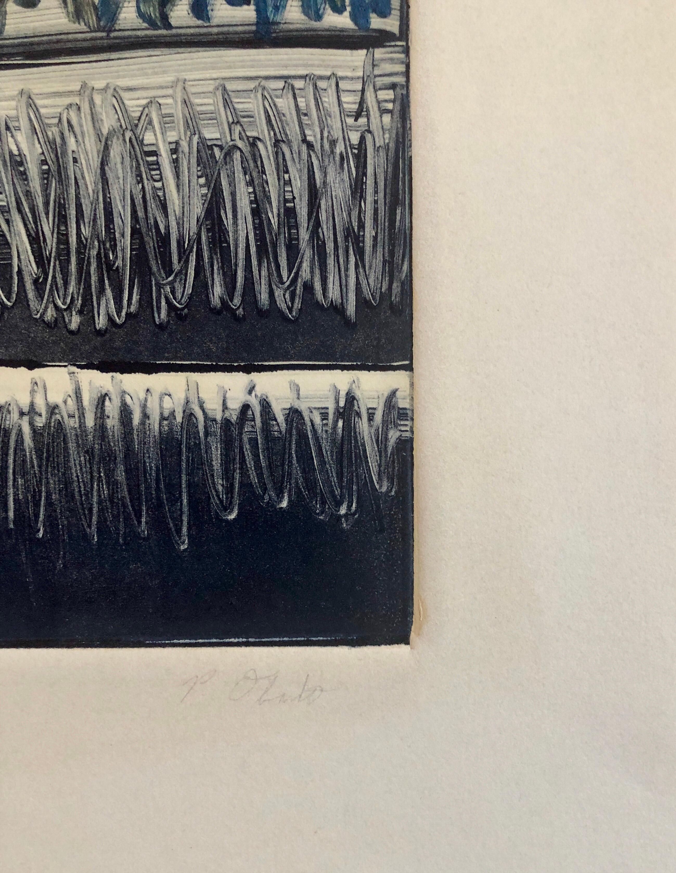 Abstrakt-expressionistischer modernistischer Denim-Blauer Monodruck Monotypie-Gemäldedruck in Monotypie (Grau), Abstract Painting, von Pierre Obando
