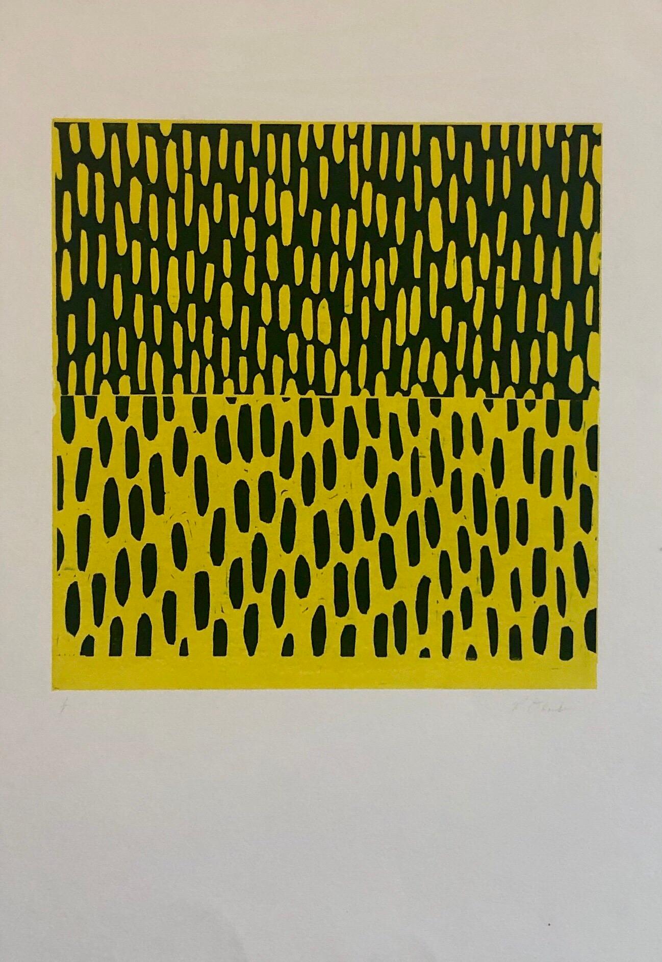 Gelb-blauer Monodruck Monotypie-Gemäldedruck im abstrakten Expressionismus-Stil – Print von Pierre Obando
