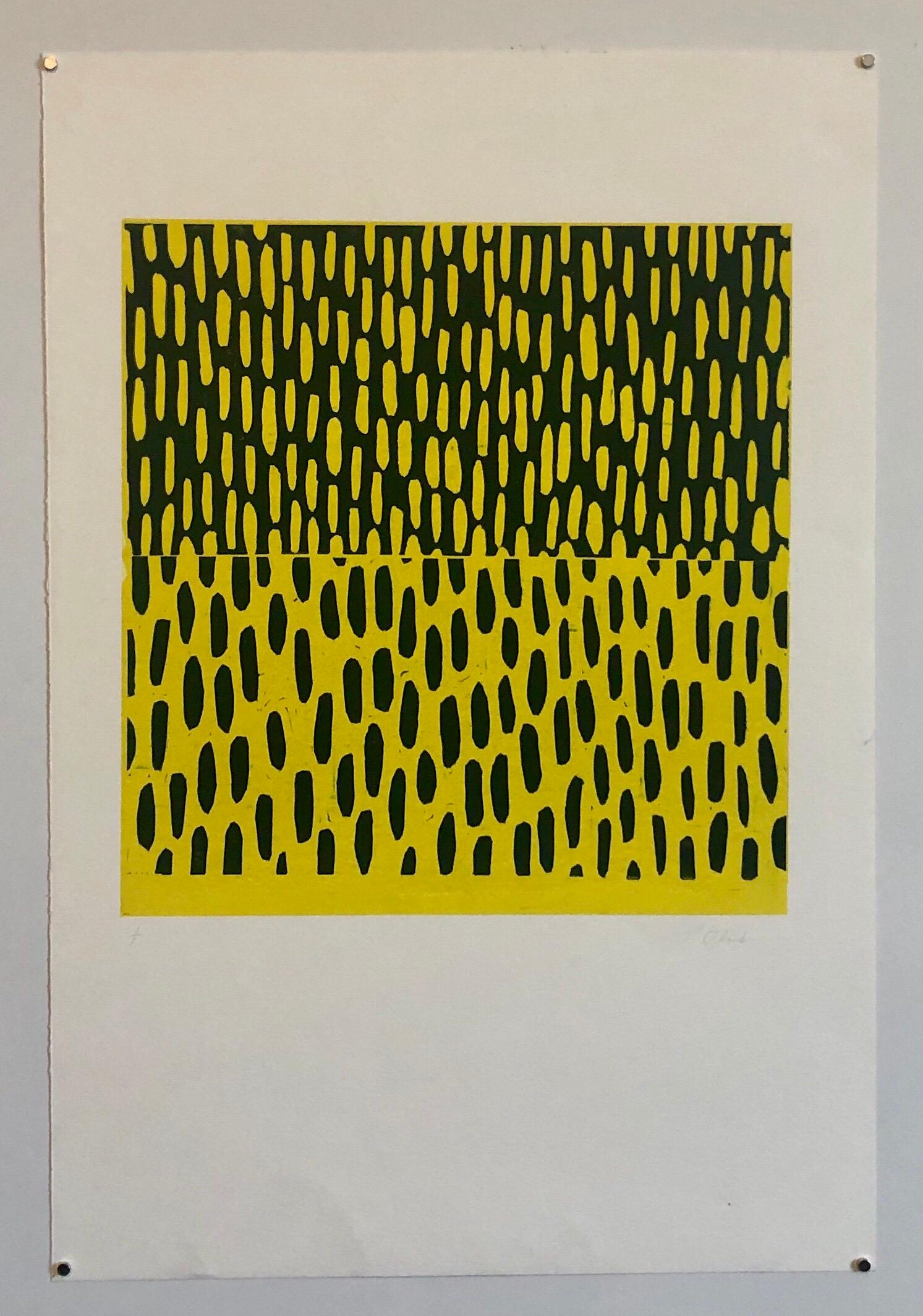 Gelb-blauer Monodruck Monotypie-Gemäldedruck im abstrakten Expressionismus-Stil 1