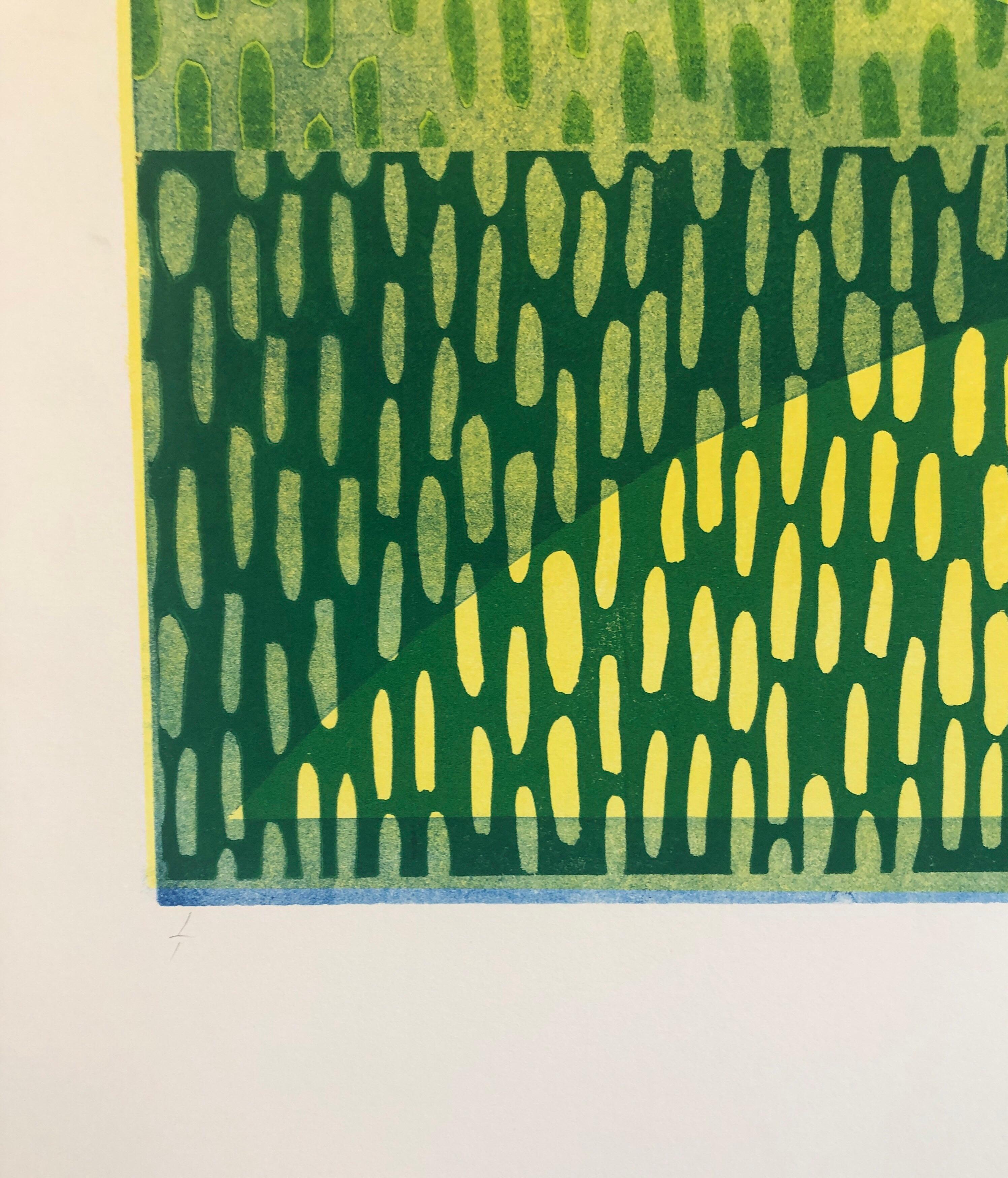 Gelb-blauer Monodruck Monotypie-Gemäldedruck im abstrakten Expressionismus-Stil (Grün), Abstract Print, von Pierre Obando
