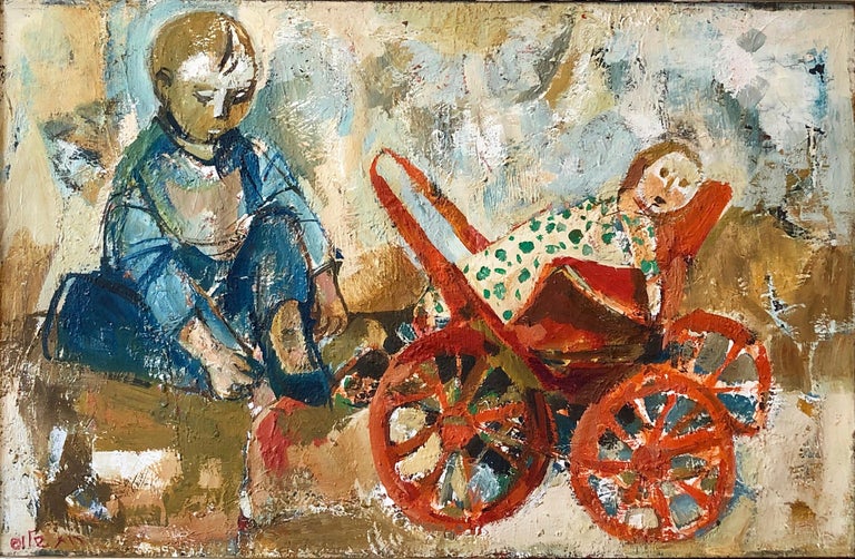 Israeli Oil Painting Ruth Schloss Child, Doll, Wagon, Kibbutz Social Realist Art - Brown Figurative Painting by Ruth Schloss