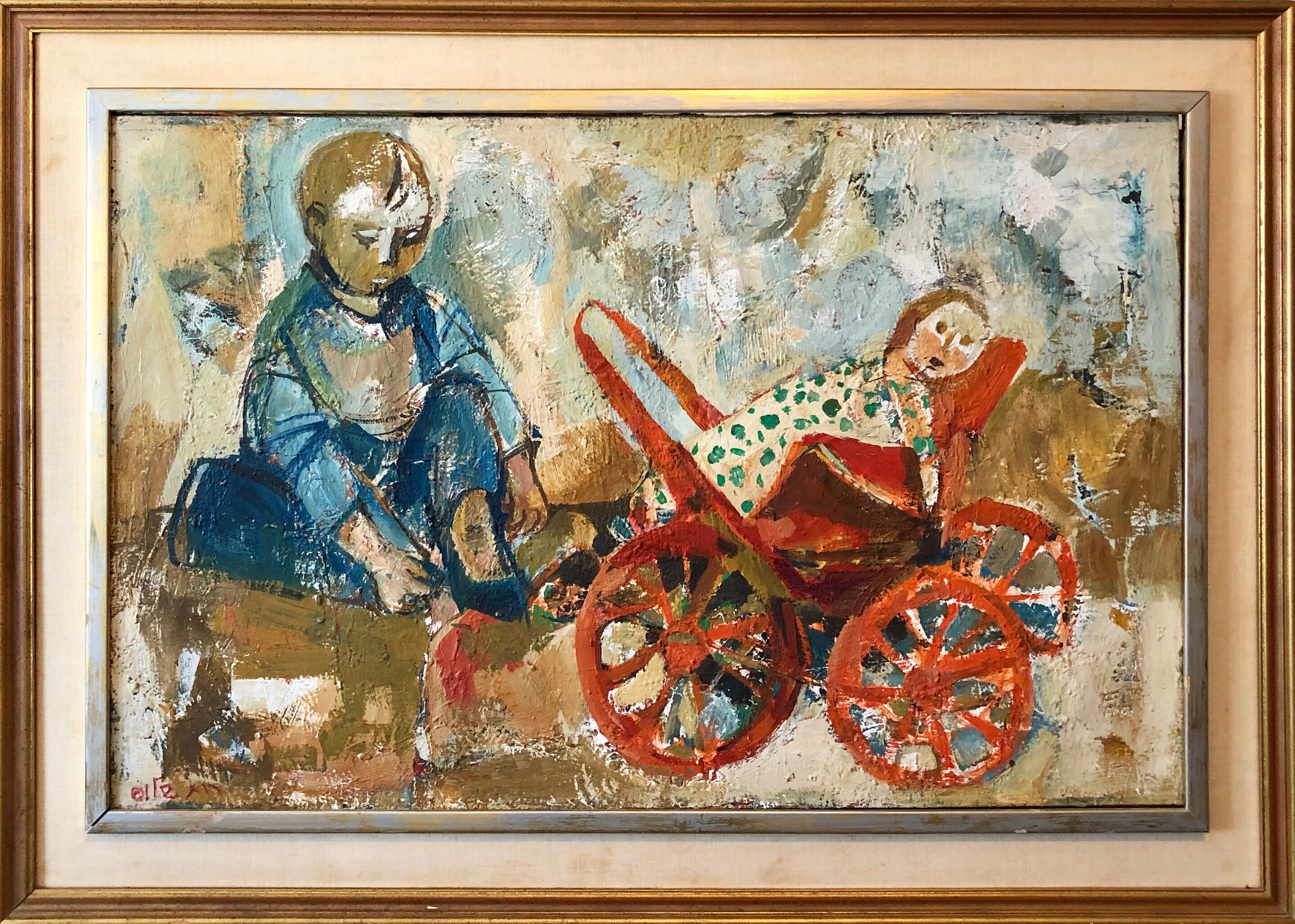 Israelisches Ölgemälde Ruth Schloss Kind, Puppe, Wagen, Kibbuz Sozialrealistische Kunst 1