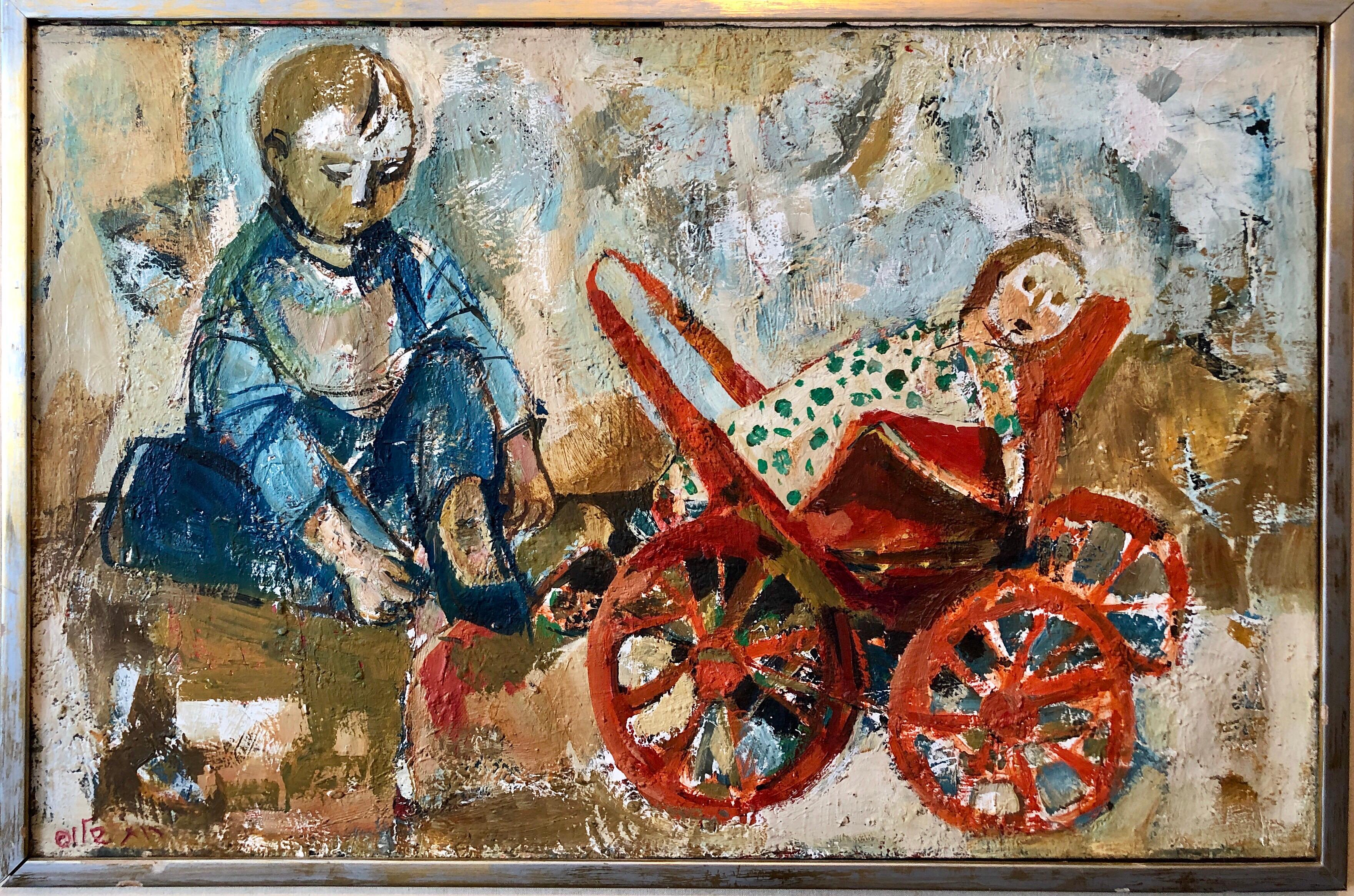 Israelisches Ölgemälde Ruth Schloss Kind, Puppe, Wagen, Kibbuz Sozialrealistische Kunst 2