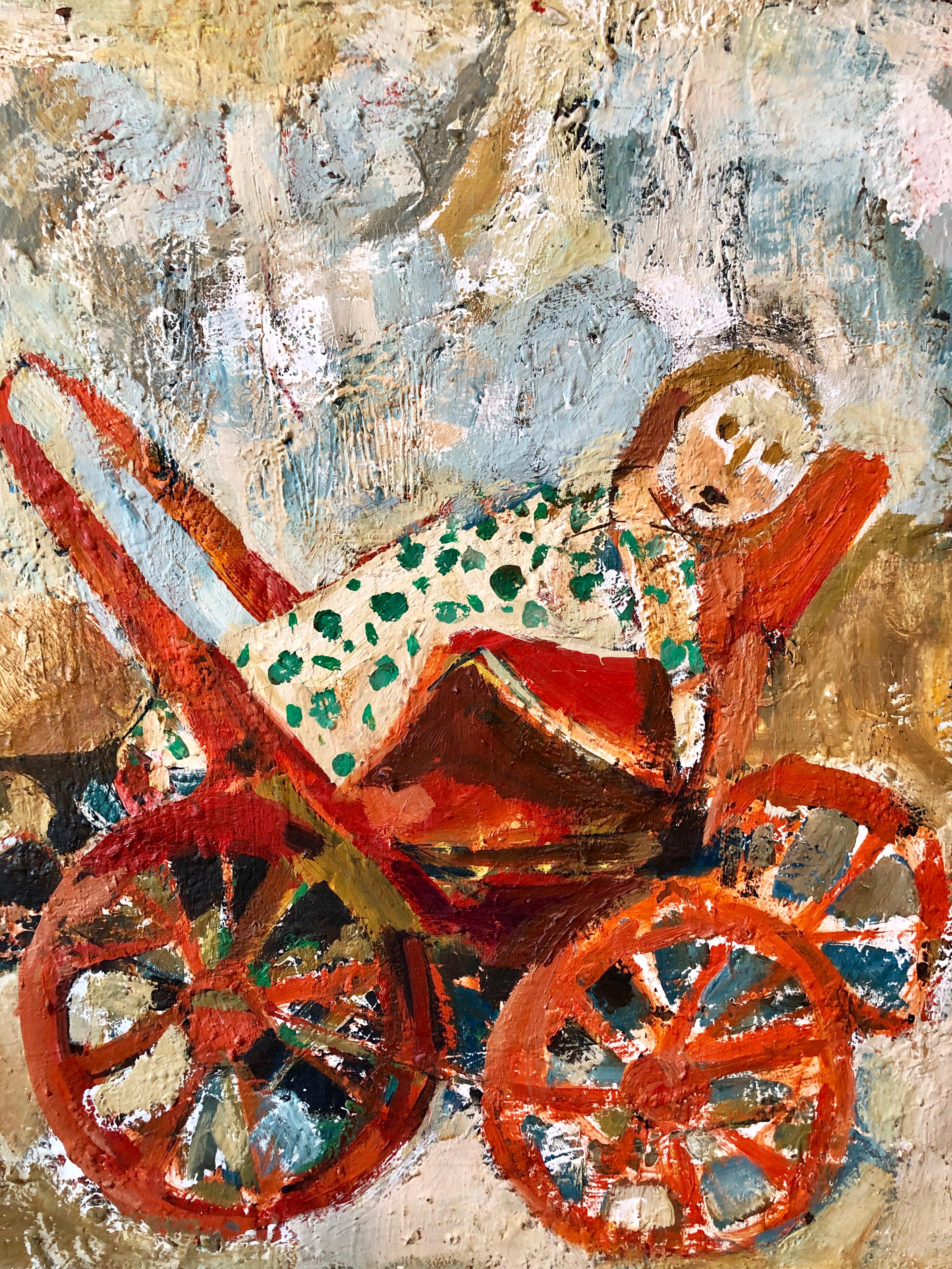 Israeli Oil Painting Ruth Schloss Child, Doll, Wagon, Kibbutz Social Realist Art 1