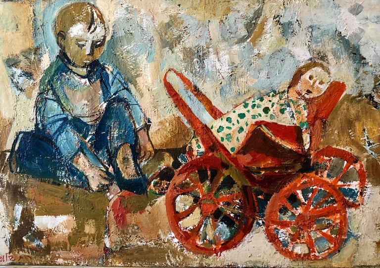 Israeli Oil Painting Ruth Schloss Child, Doll, Wagon, Kibbutz Social Realist Art For Sale 5