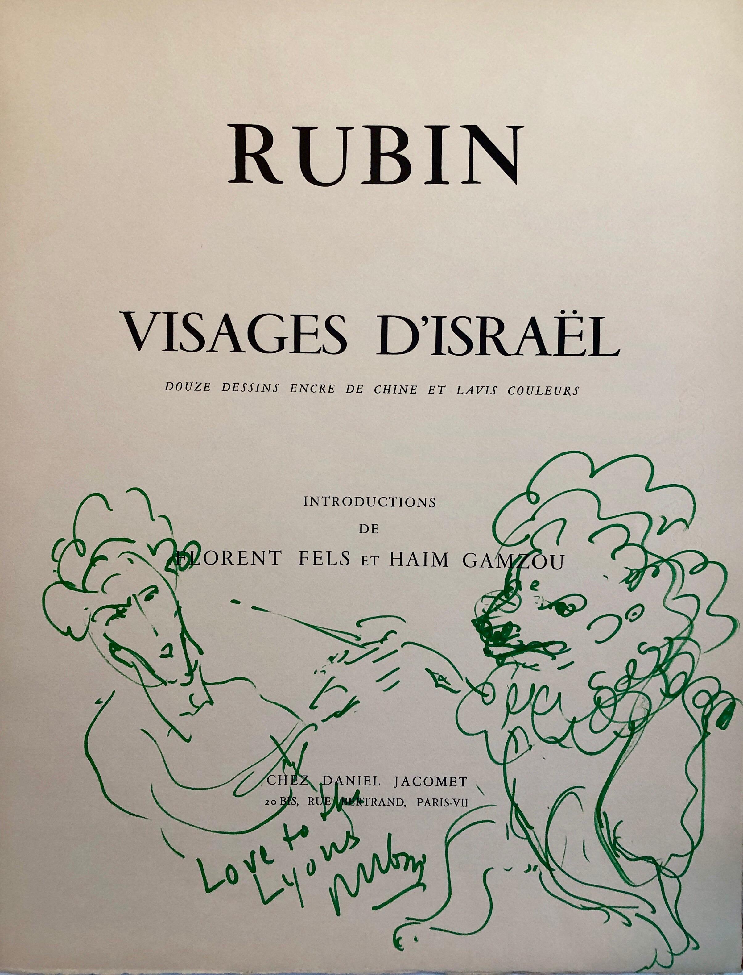 Original Drawing Reuven Rubin Self Portrait with Lion Modern Israeli Art 1960s