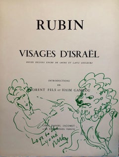 Reuven Rubin, autoportrait original au dessin original avec lion, art israélien moderne, années 1960