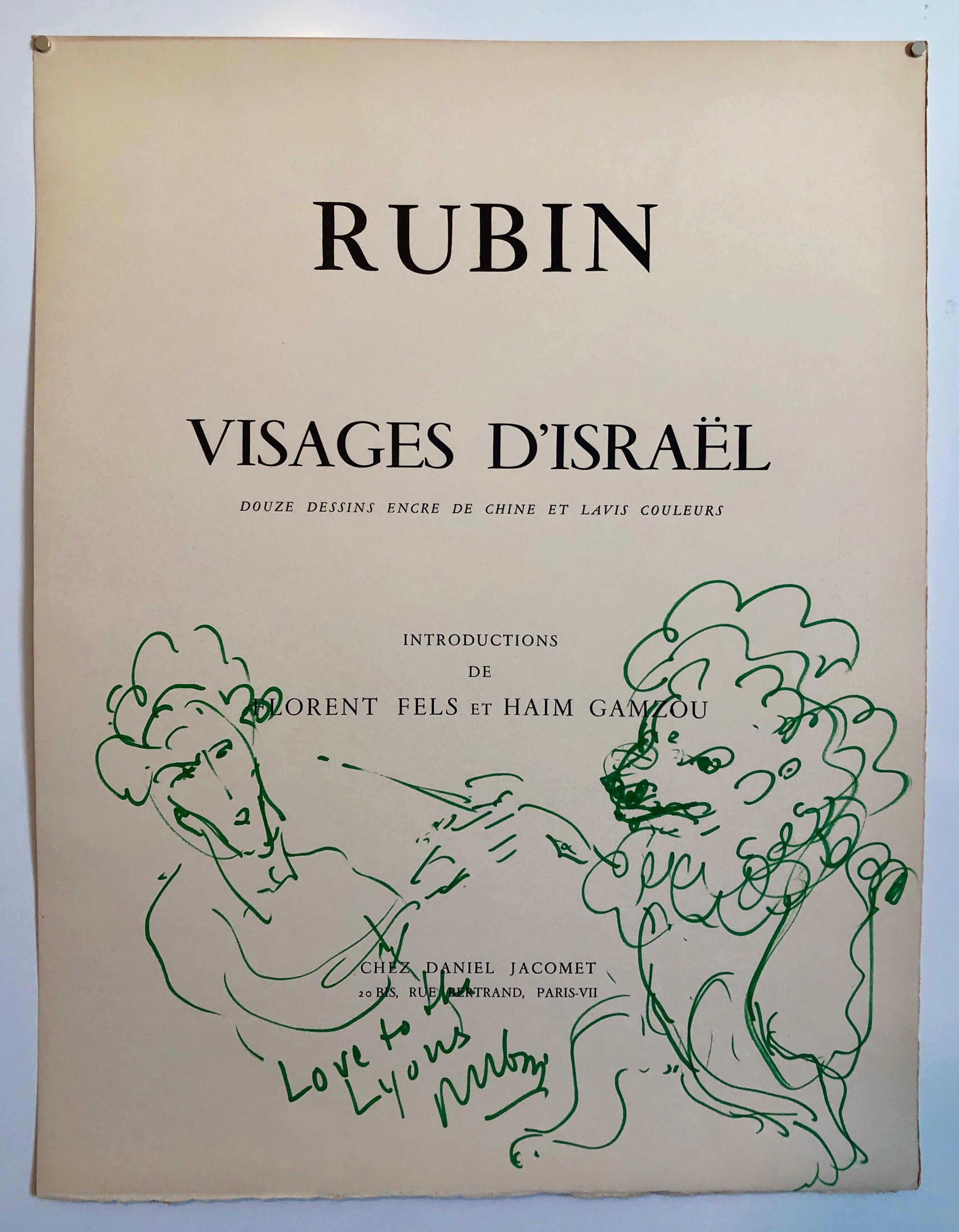 Original Drawing Reuven Rubin Self Portrait with Lion Modern Israeli Art 1960s 2