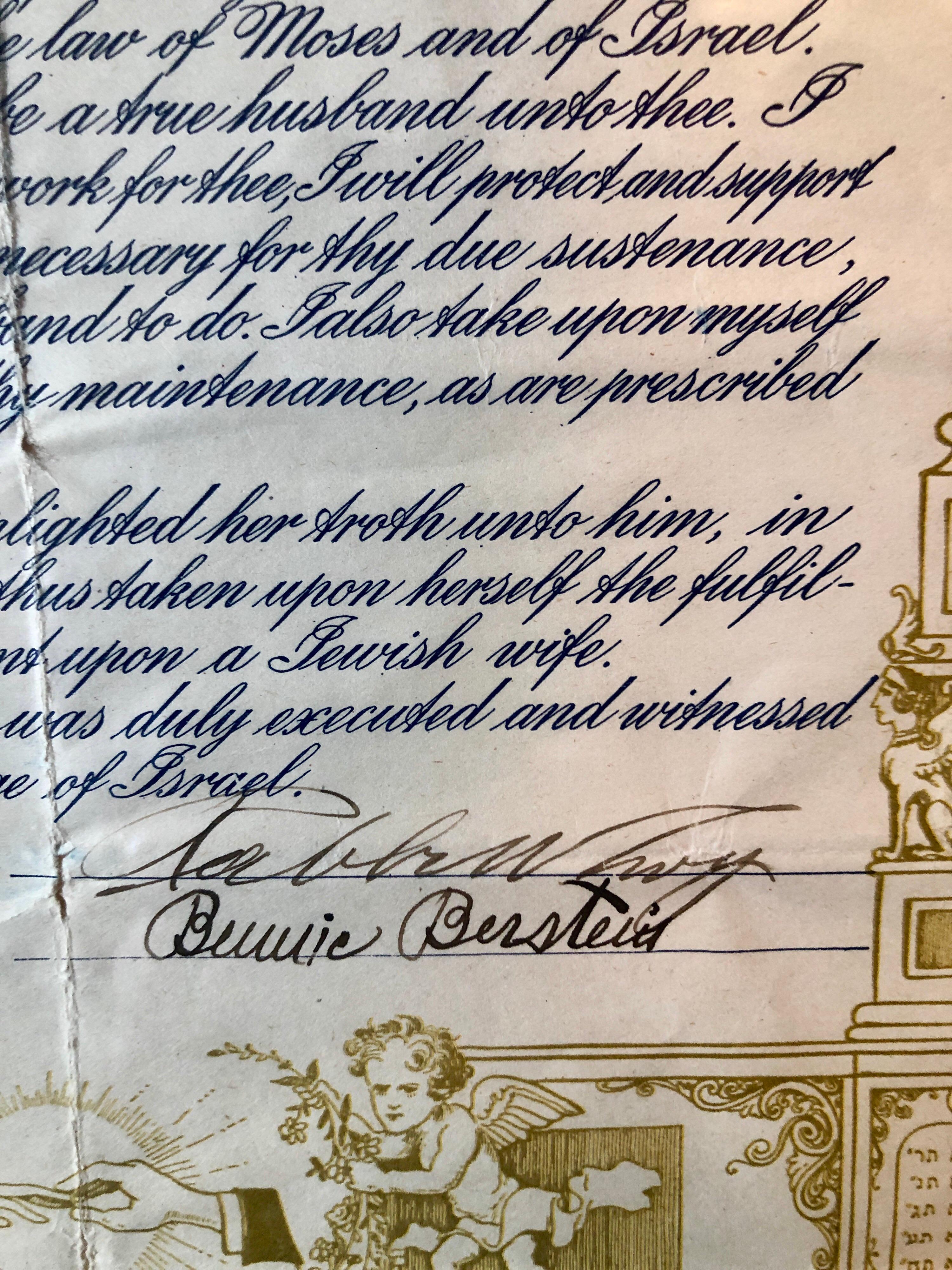 Vintage Jewish marriage contract, Most likely printed in the USA or Germany. Used in Pittsburgh, Pennsylvania, hand dated 1921. A rare early American judaic piece. Printed in gold and blue
written out in a beautiful Hebrew calligraphy and English.