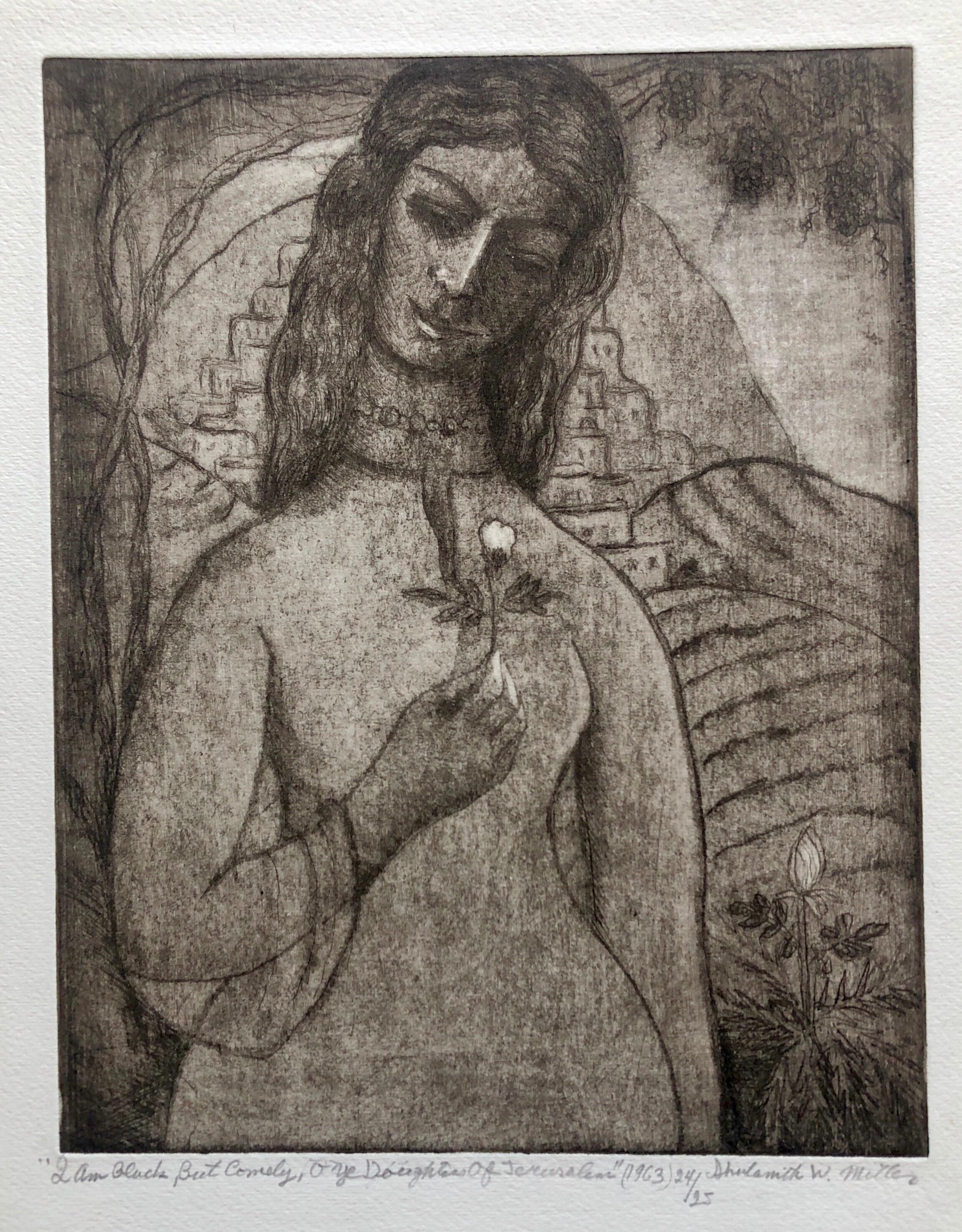 Shulamith Wittenberg Miller Figurative Print - Modernist "I Am Black But Comely" Etching Israeli Judaica Bezalel School Woman