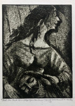 Vintage "She Made Him Sleep on her Knees" Etching Israeli Judaica Bezalel School Woman 