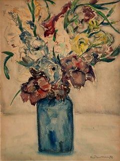 Vase of Flowers, Vibrant Floral, 1946 Bezalel Palestine Watercolor Painting