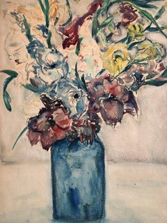 Vase of Flowers, Vibrant Floral, 1946 Bezalel Palestine Watercolor Painting